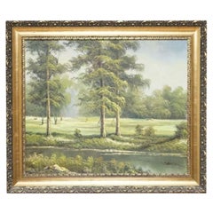 Vintage Beautiful Oil Painting of a Green Forest on Gold Ornate Frame by C. Sander