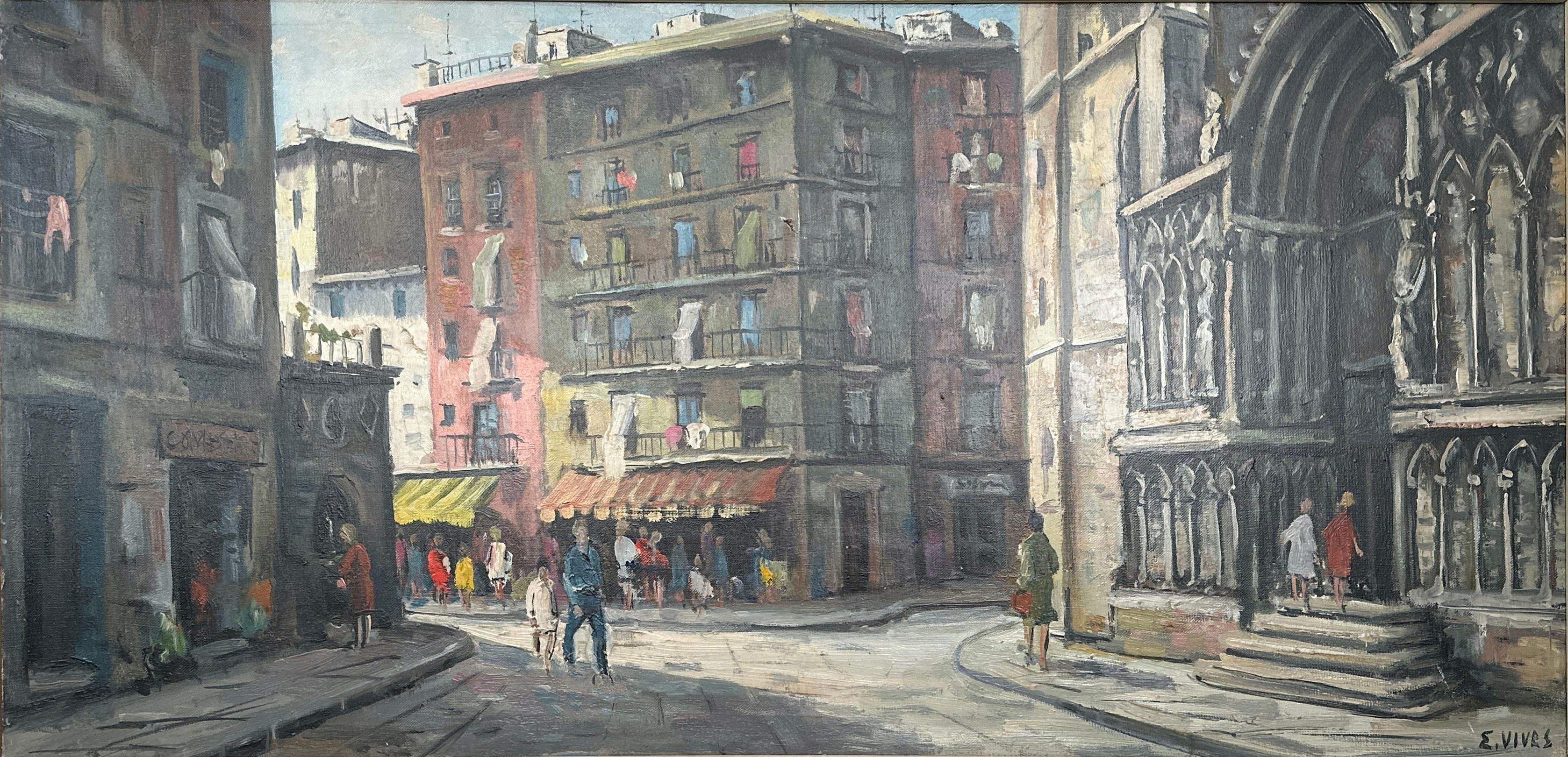 Spanish Beautiful Oil Painting of a Street in Spain For Sale