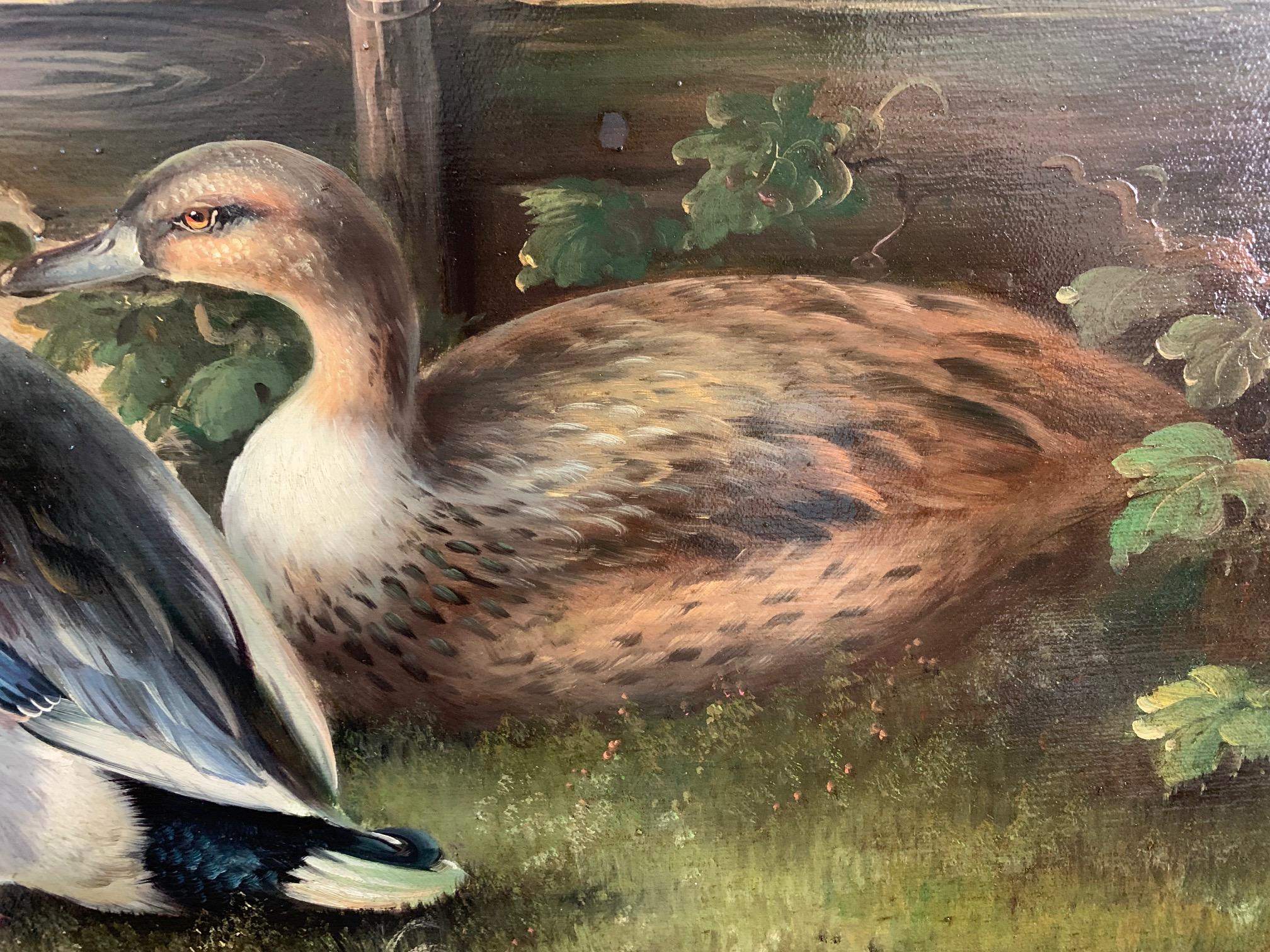 Beautiful Oil Painting of Ducks in Bucolic Landscape In Good Condition In Hopewell, NJ