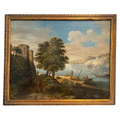 Antique Beautiful Oil Painting of Figures and Vessels on a Lake 