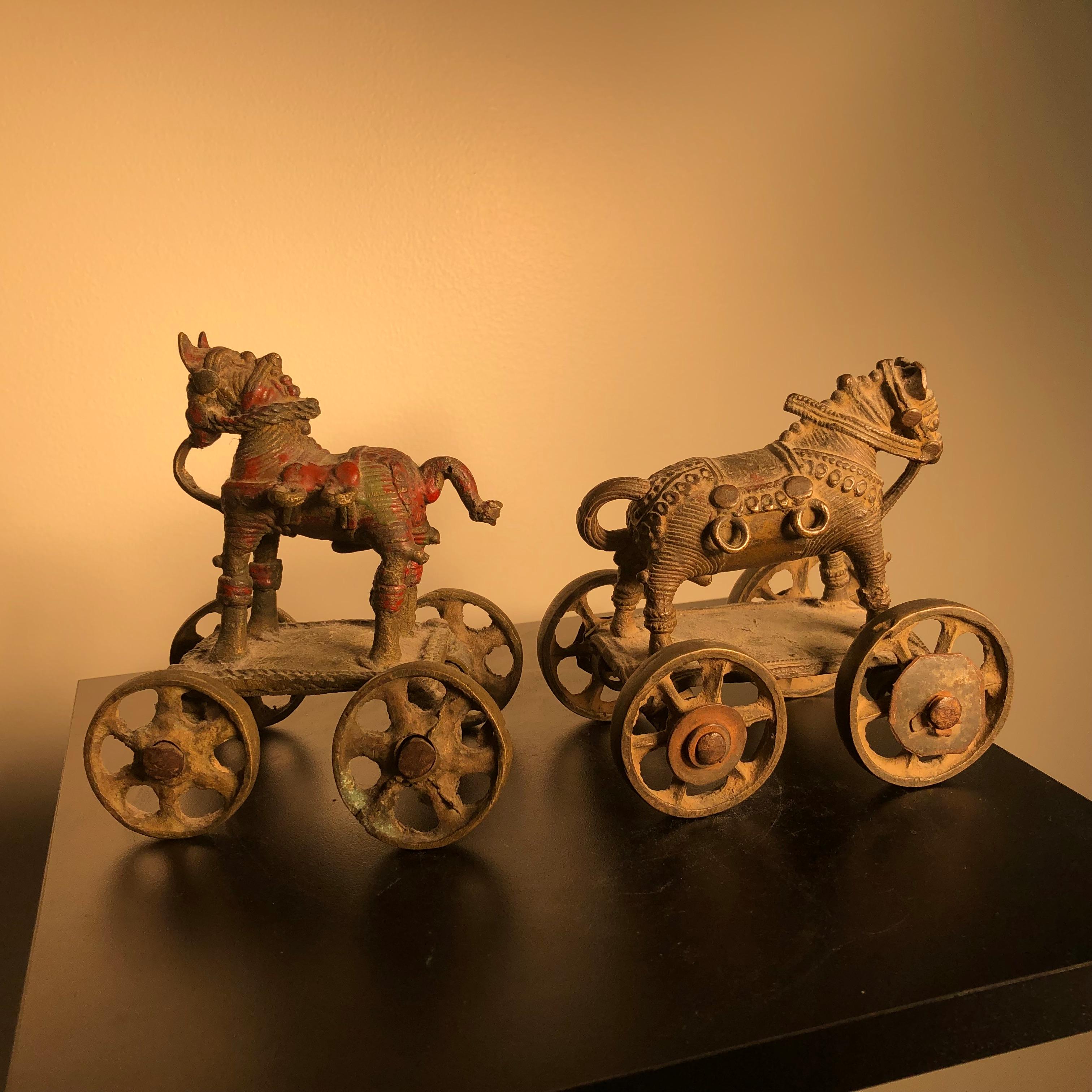 Indian Beautiful Old Bronze Horse Pair Temple Toys Collected in Mumbai