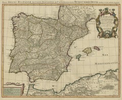 Magnifique carte ancienne d'Espagne et du Portugal avec titre décoratif, ca.1740
