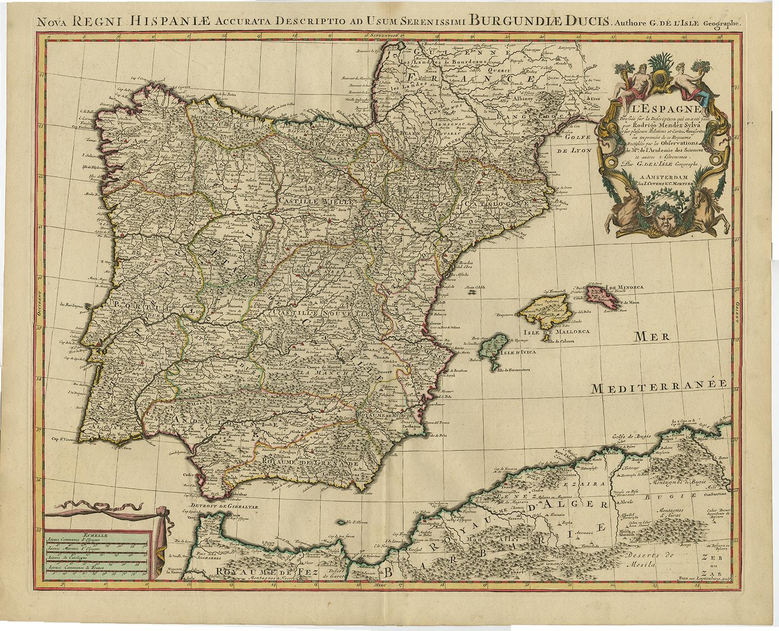 Precioso mapa antiguo de España y Portugal con cartela decorativa en el título, ca.1740 en Bueno estado para la venta en Langweer, NL