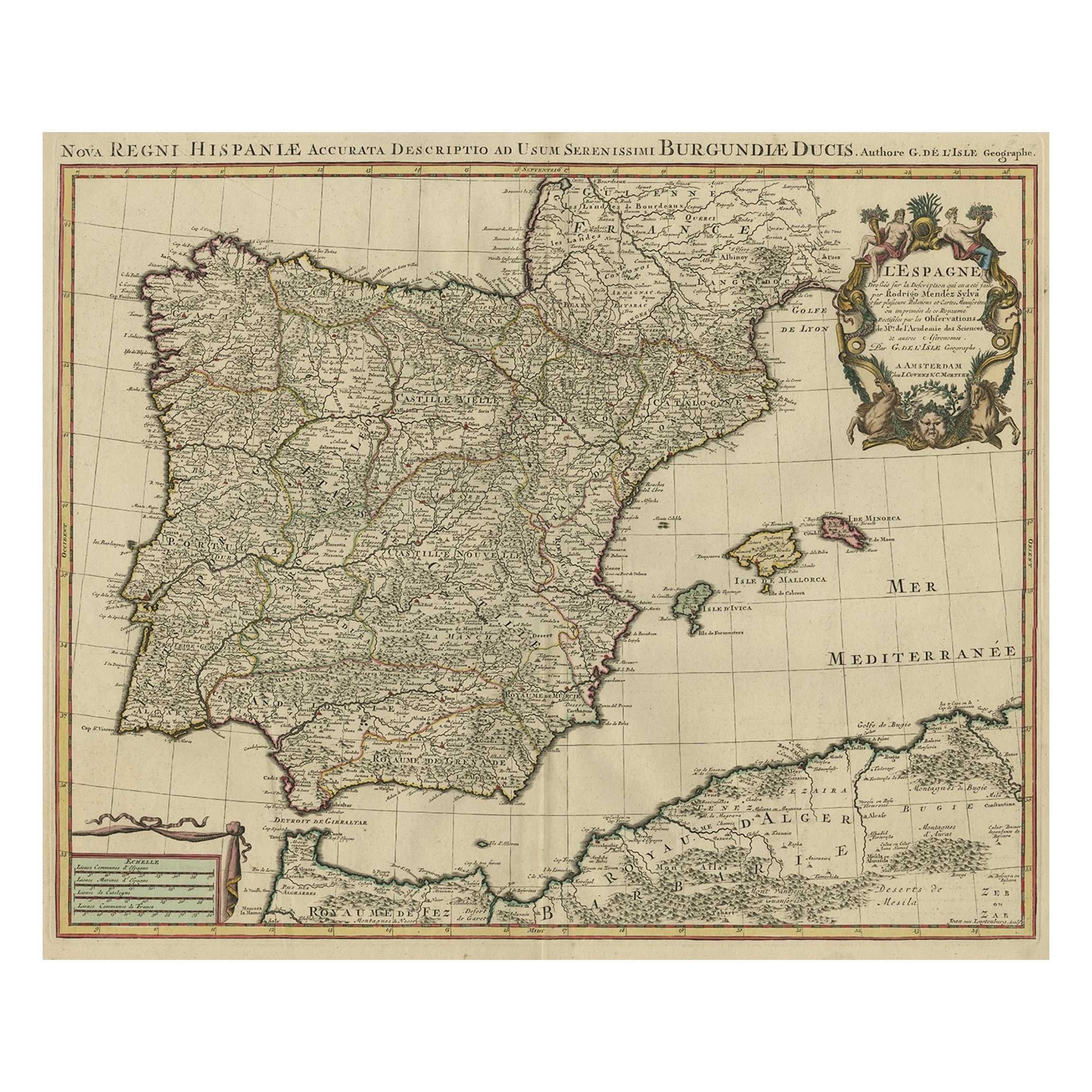 Bellissima carta geografica antica della Spagna e del Portogallo con cartiglio decorativo, 1740 ca.