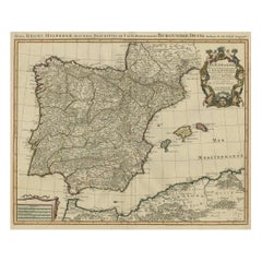 Bellissima carta geografica antica della Spagna e del Portogallo con cartiglio decorativo, 1740 ca.