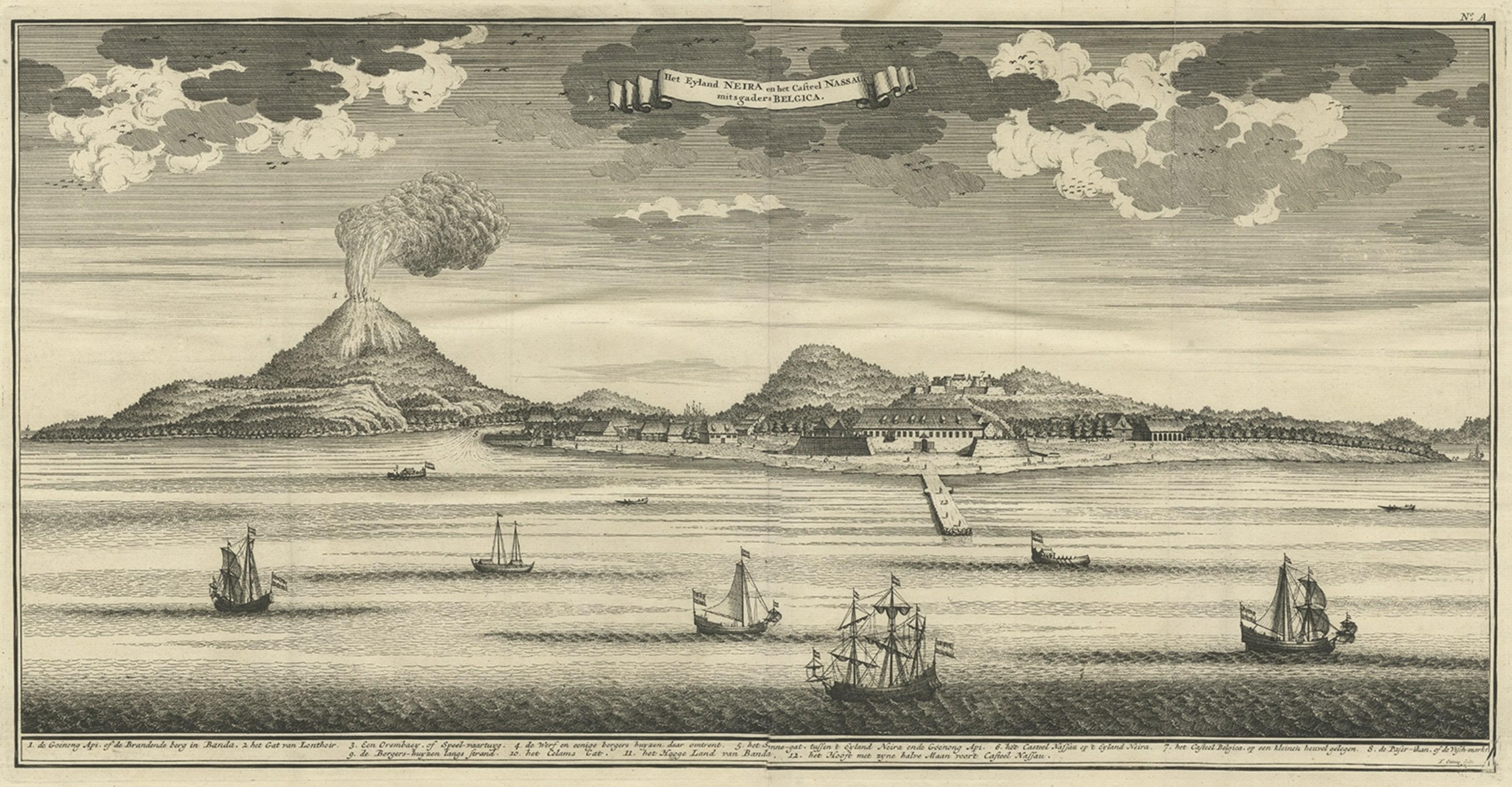 Belle vue ancienne de l'île de Spice Banda Neira avec Fort Nassau, Indonésie, 1726 Bon état - En vente à Langweer, NL