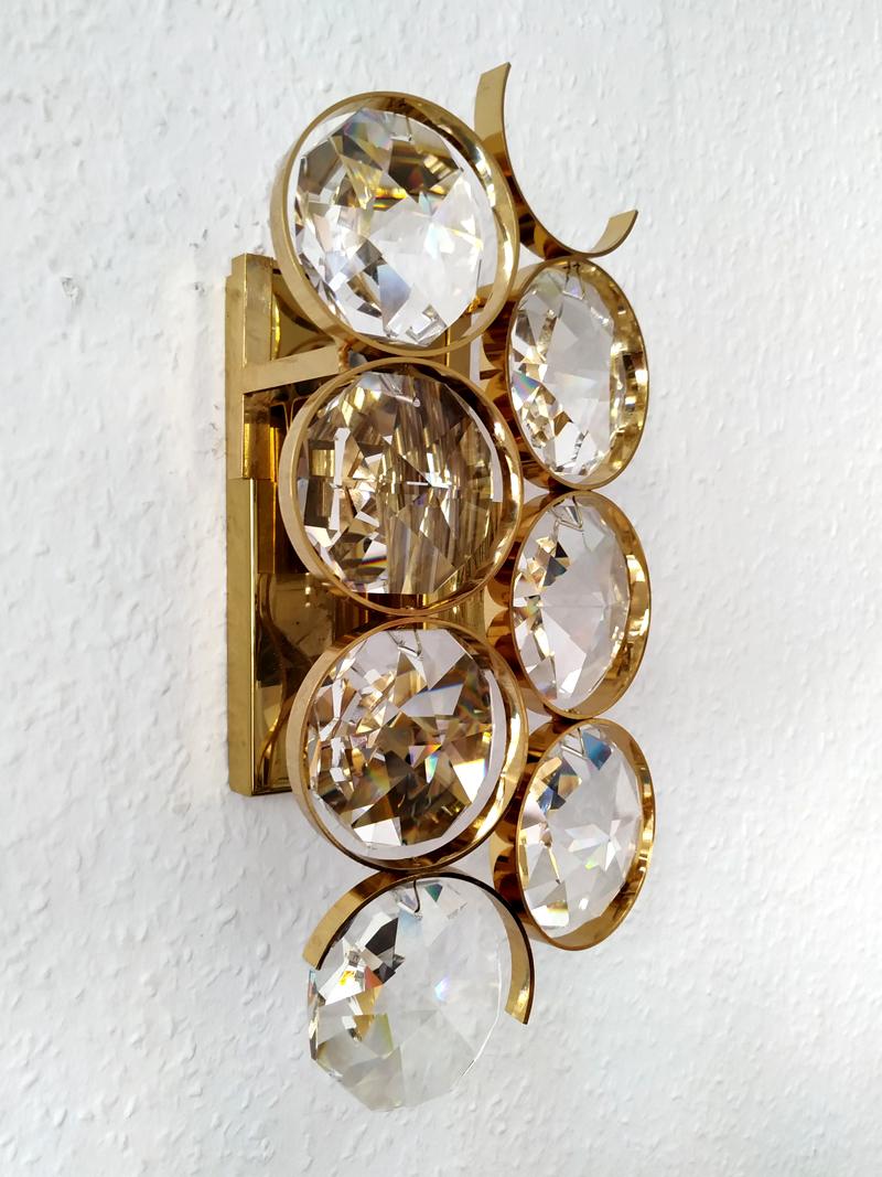 Hollywood Regency Beautiful One of Three German Vintage Glass and Brass Wall Light Sconces, 1960s For Sale