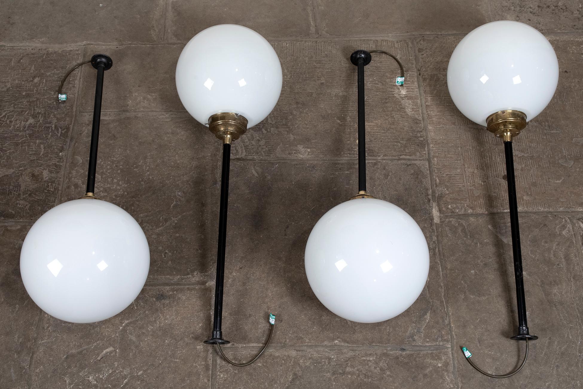 Beautiful Opaline Ball Ceiling Lights with Brass Fixings In Good Condition For Sale In Faversham, GB