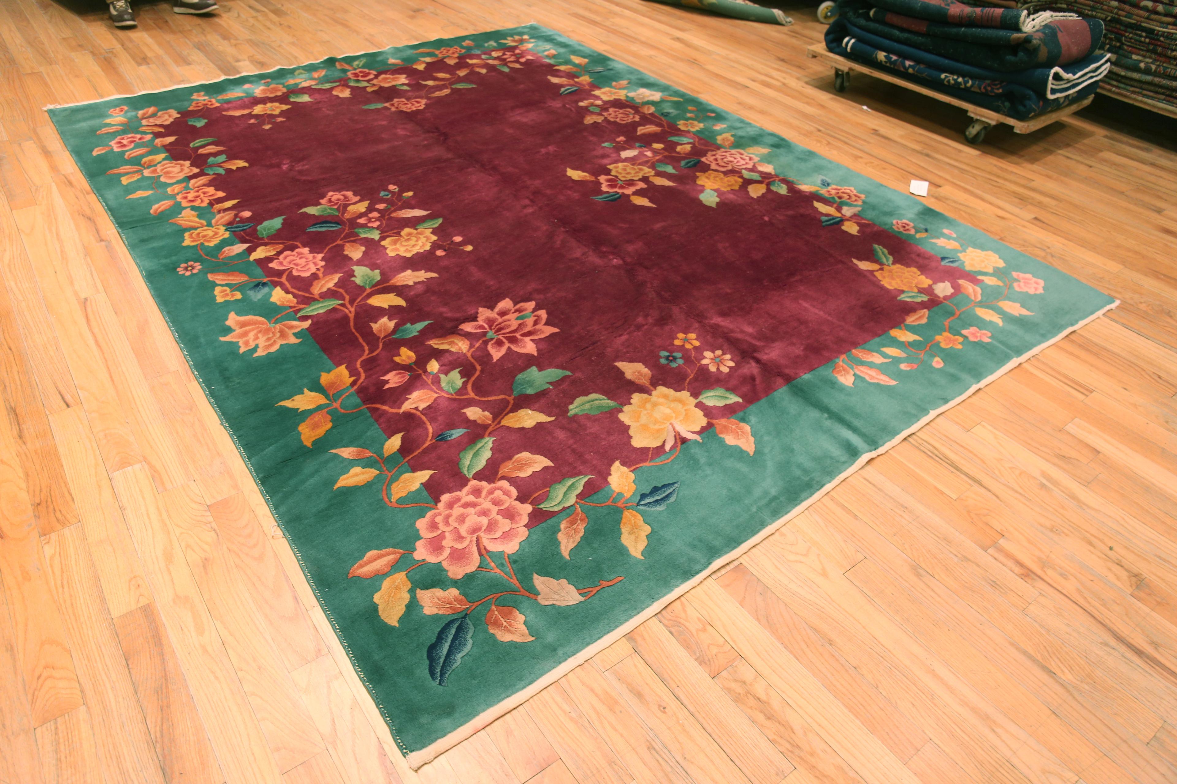Wool Beautiful Open Field Antique Chinese Art Deco Floral Rug 8'11