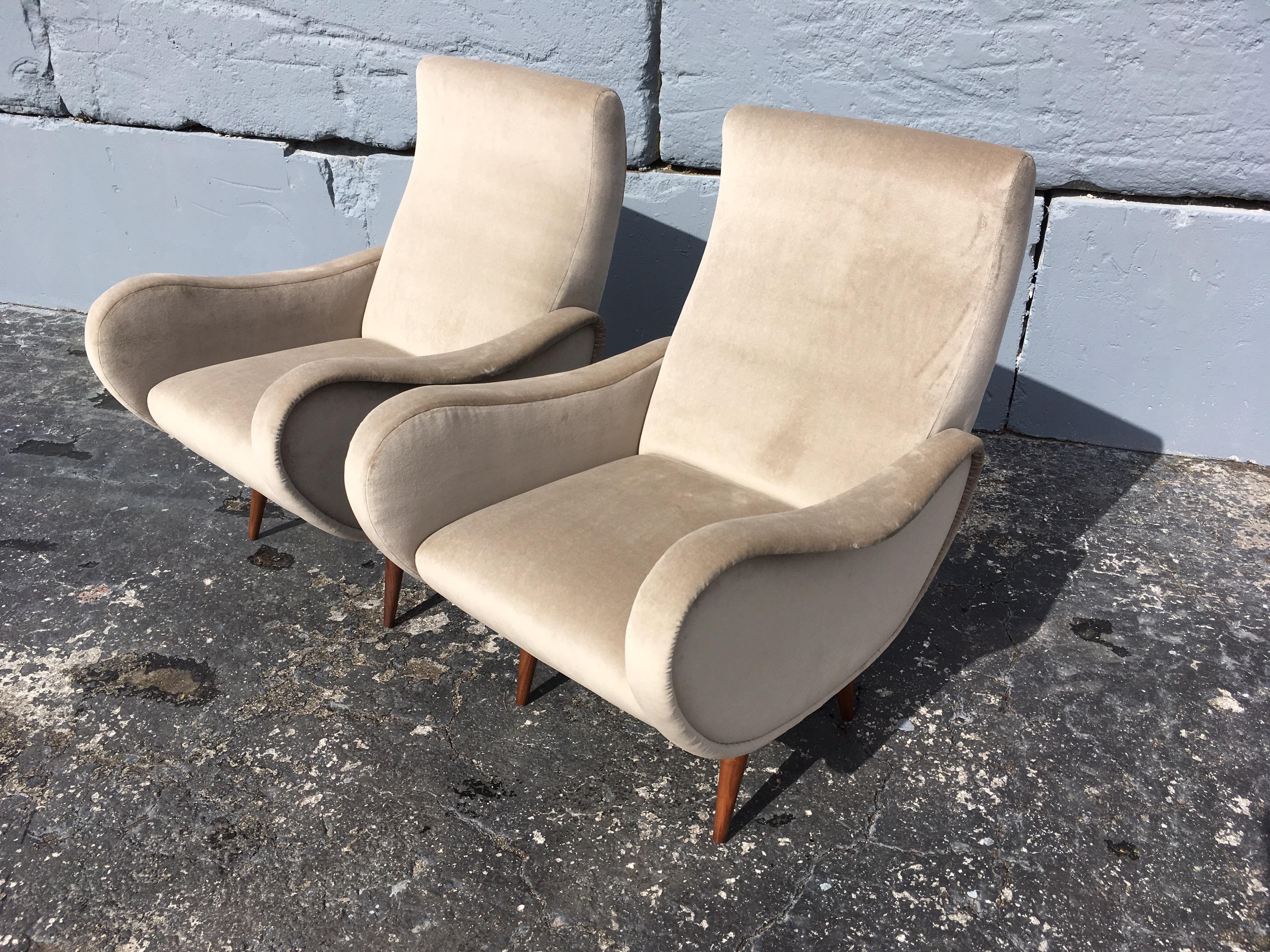 American Pair of Beautiful Organic Lounge Chairs, Walnut, Velvet