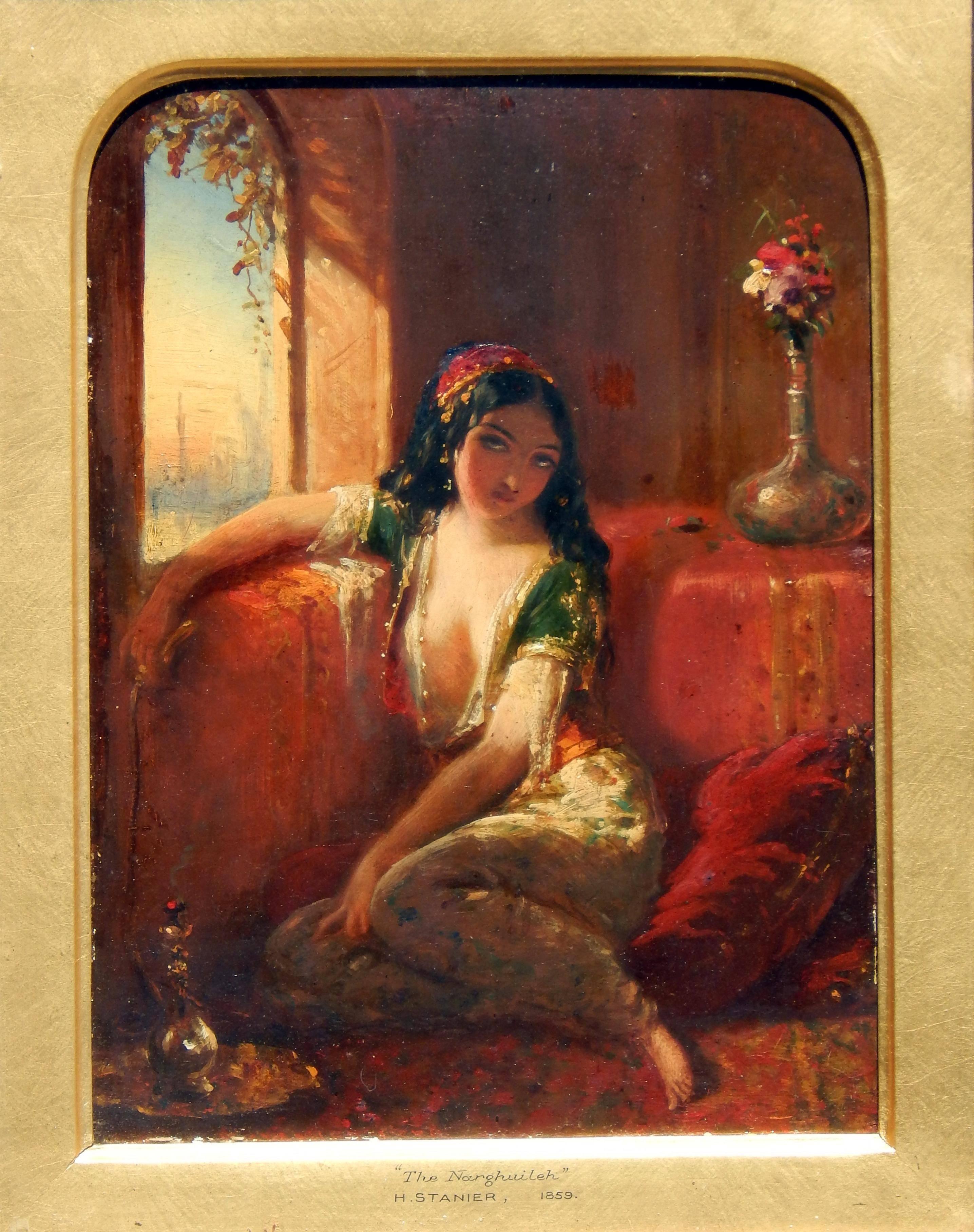 Orientalist oil on board by Henry Stanier (1831-1894) in the ornate original frame.
Titled “The Narghuileh” and dated 1859. 
Signed on the verso Stanier and initialed H.S.
Titled on the verso in the artist's hand.
Measures: 12