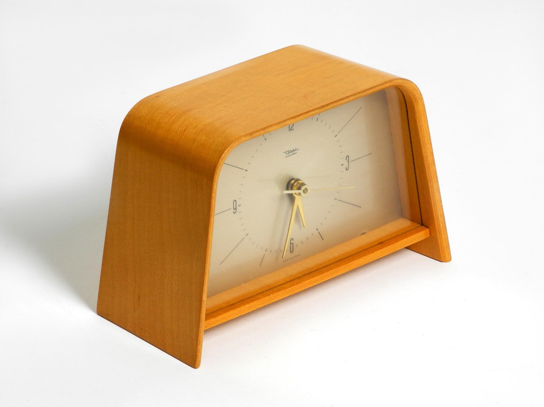 Magnifique horloge de table originale Diehl Electro des années 1950 en contreplaqué de teck courbé 9