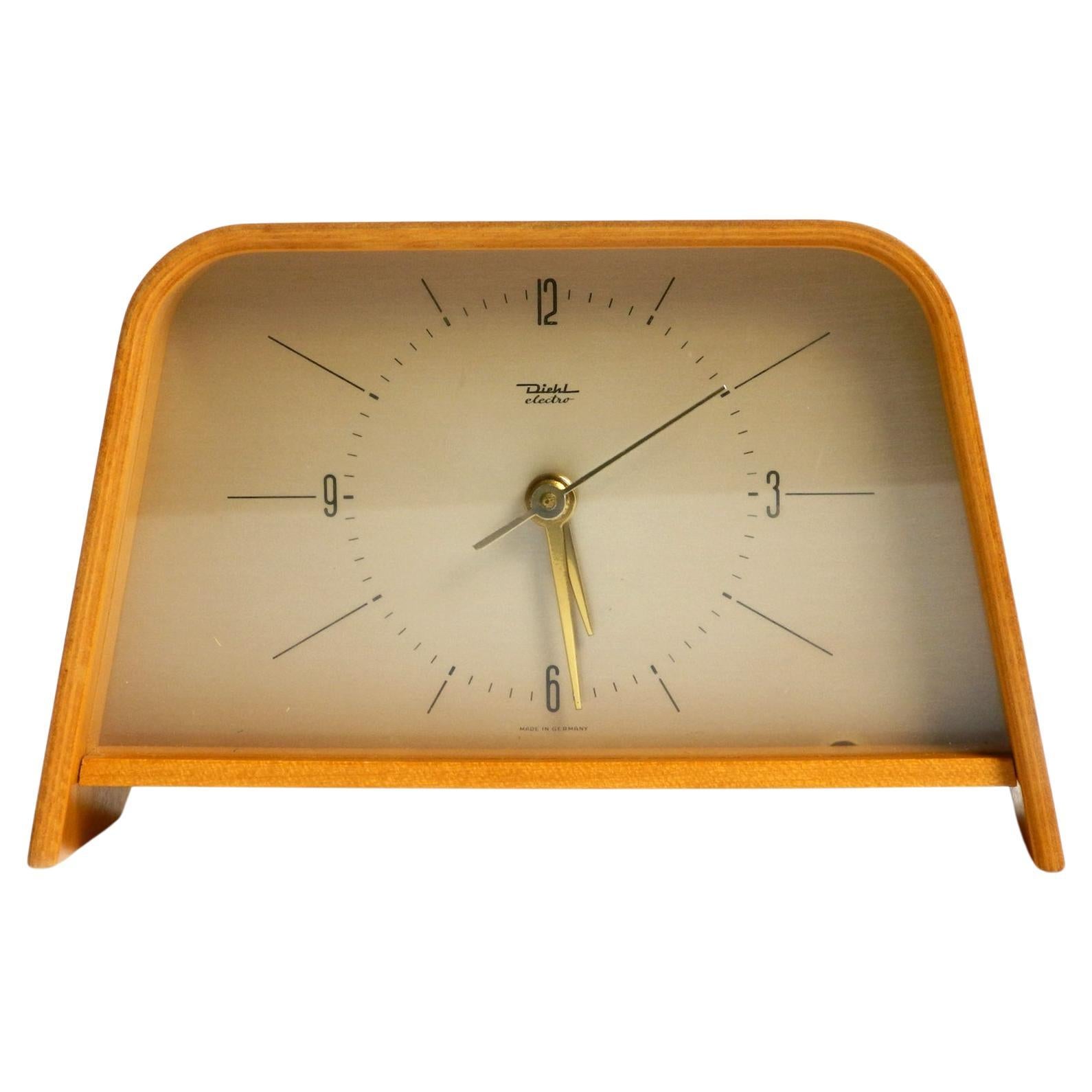 Magnifique horloge de table originale Diehl Electro des années 1950 en contreplaqué de teck courbé