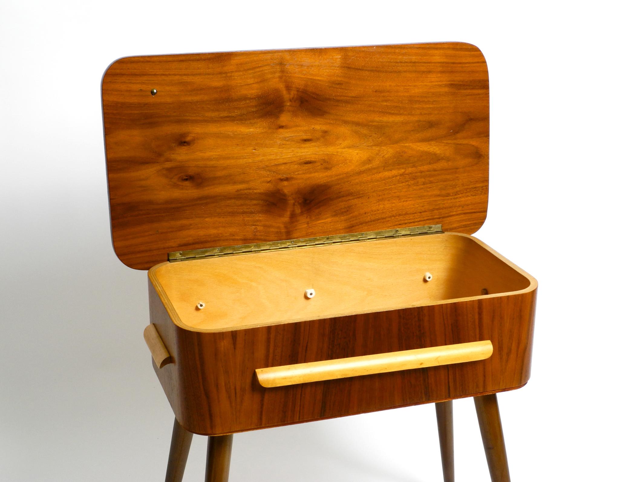 Beautiful Original 1950s Sewing Box with Teak Veneer with Hinged Table Top For Sale 4