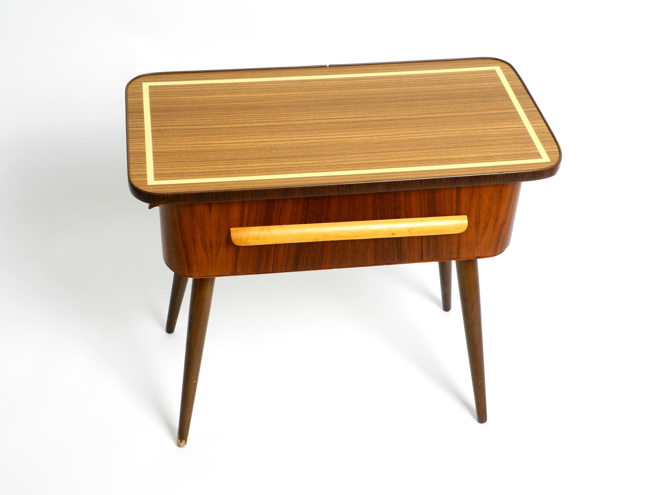 Mid-Century Modern Beautiful Original 1950s Sewing Box with Teak Veneer with Hinged Table Top For Sale