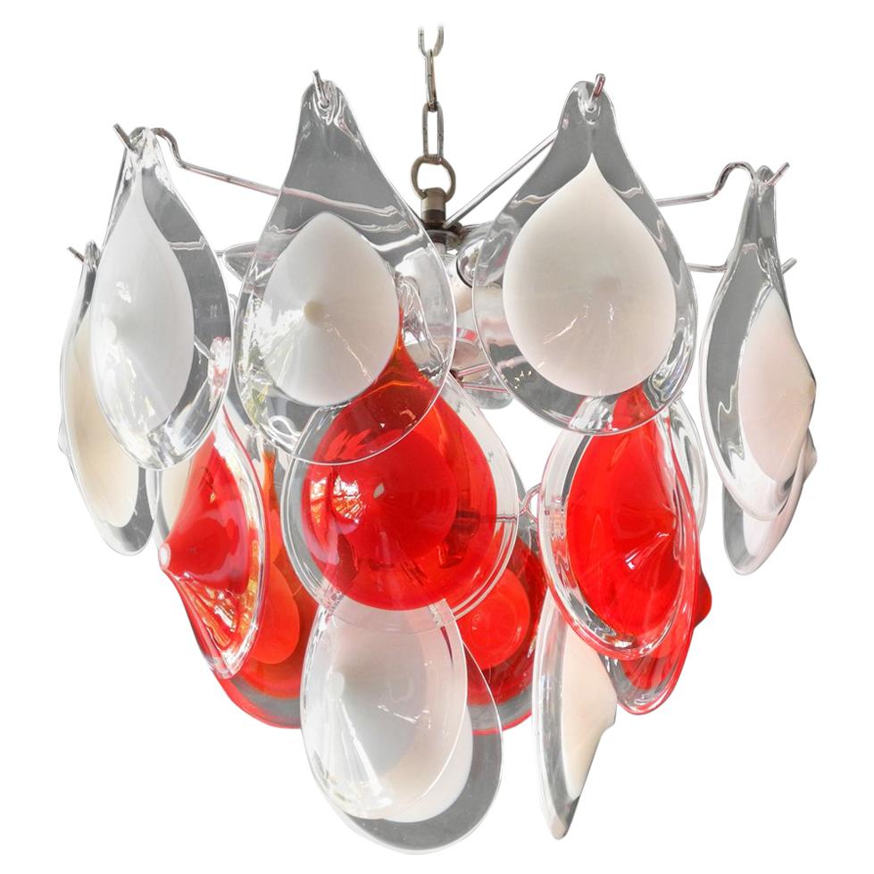 Beautiful Original 1960s Vistosi Chandelier with White and Red Murano Glas Drops