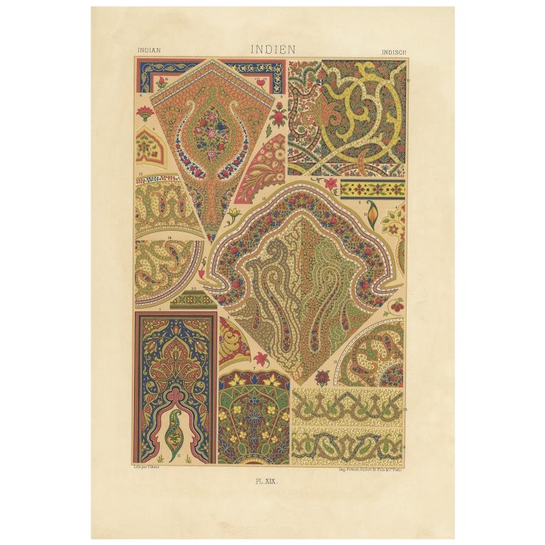 Magnifique impression ancienne d'art décoratif indien, 1869