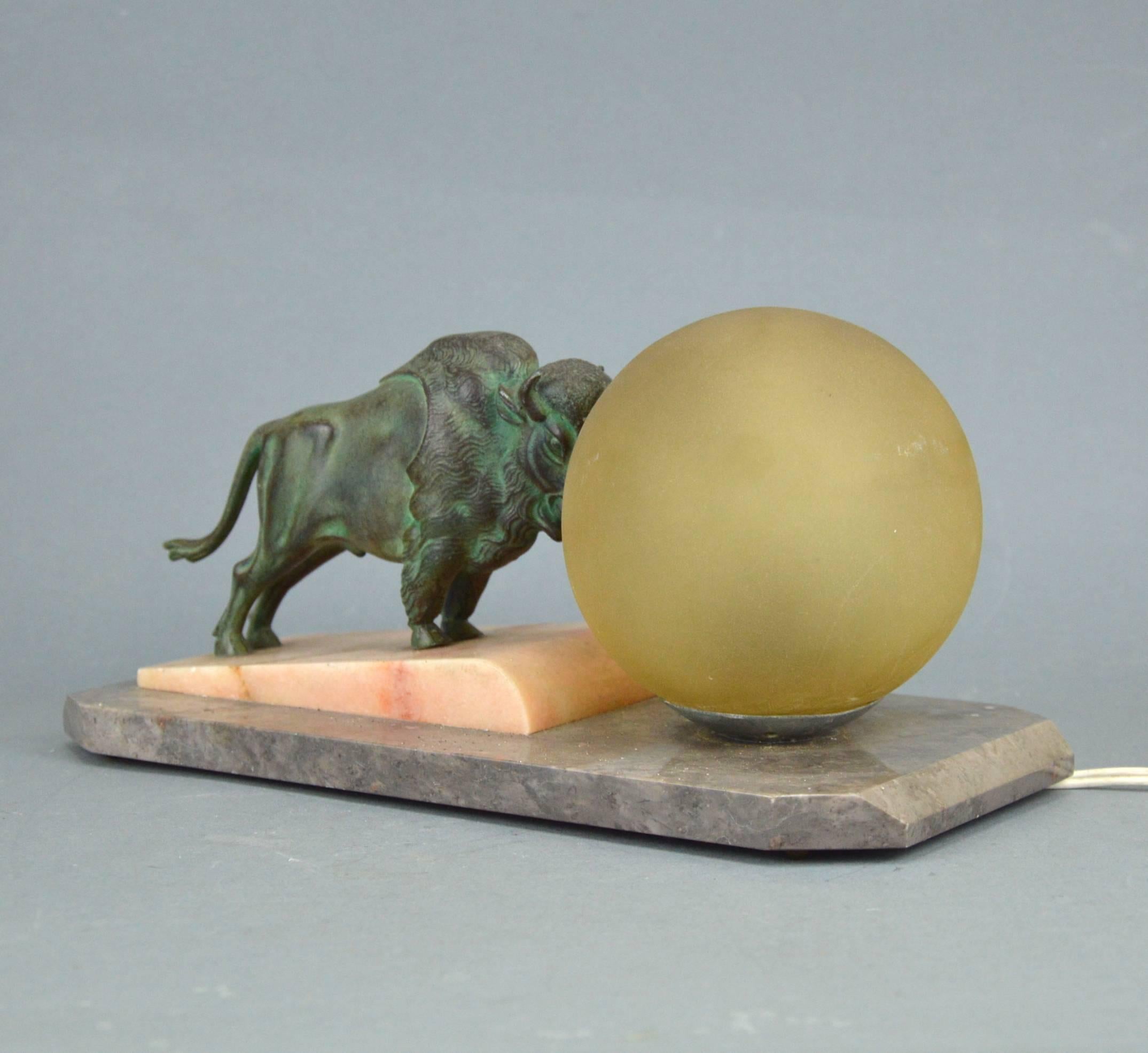French Beautiful Original Art Deco Lamp Representing a Bison Pushing a Ball, 1920