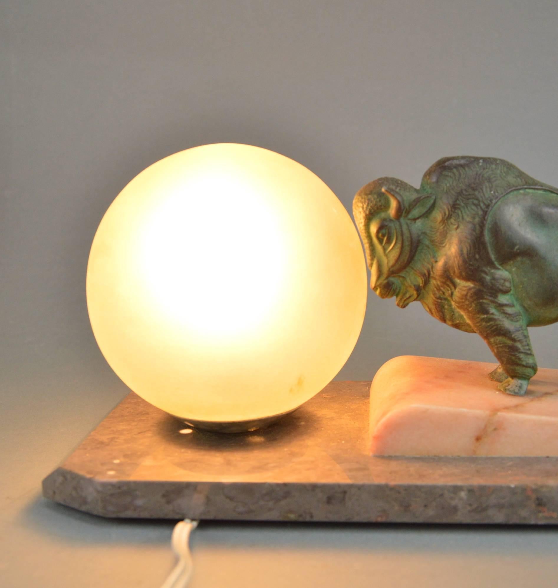 Early 20th Century Beautiful Original Art Deco Lamp Representing a Bison Pushing a Ball, 1920