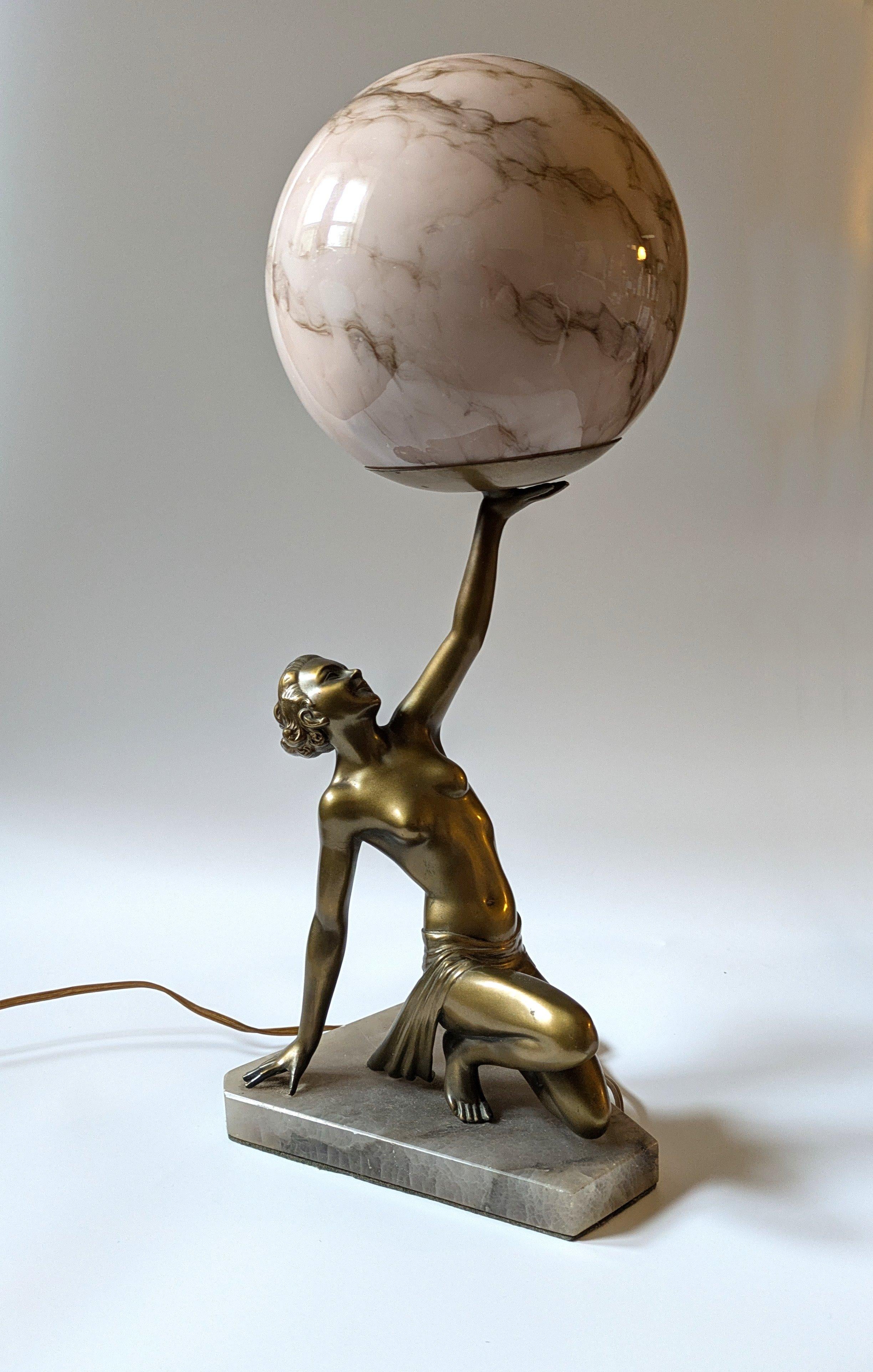 Preciosa Lámpara Original Art Decó Dama Desnuda, Inglaterra, c1930 3