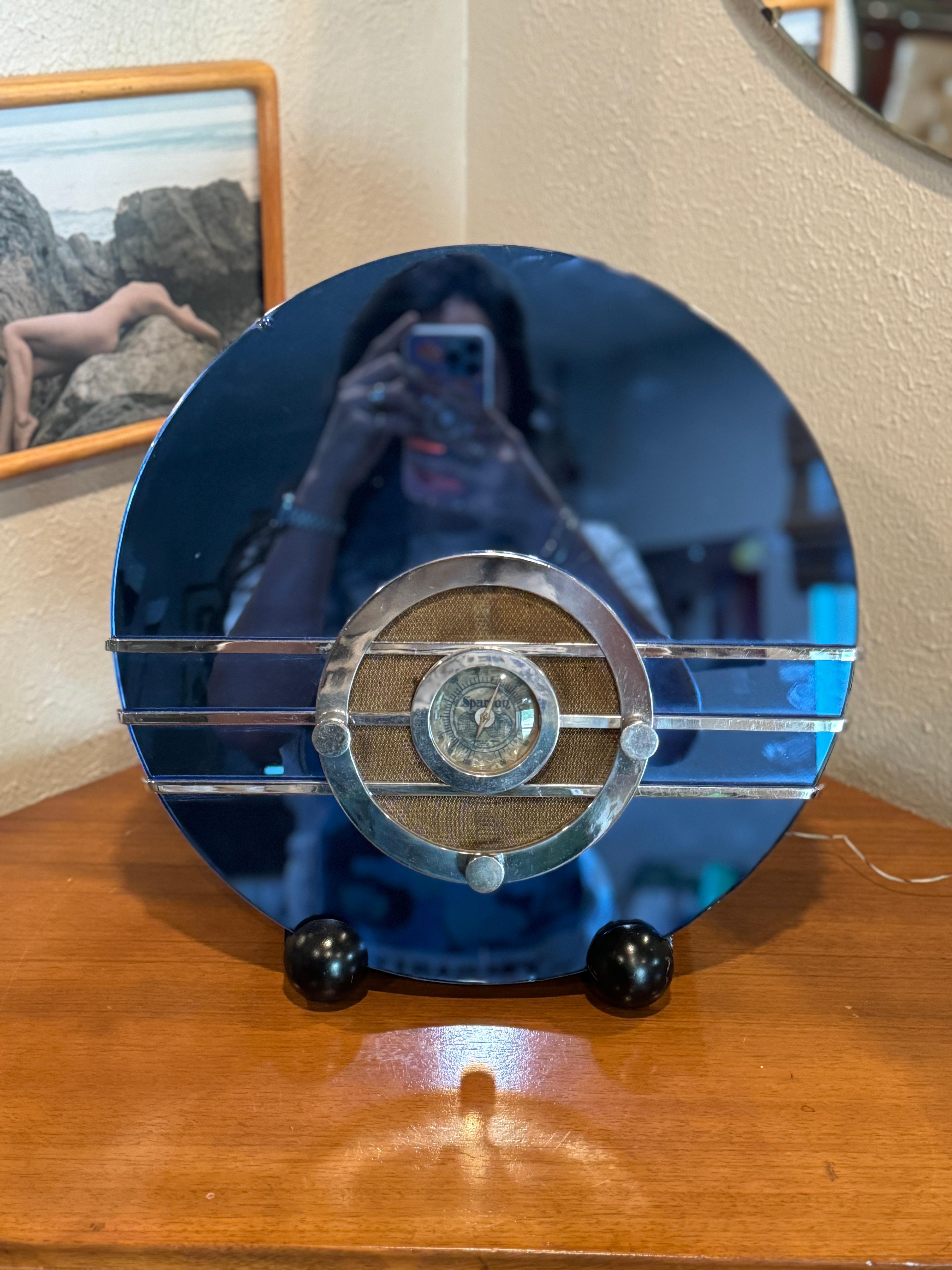 North American Beautiful original Art Deco Sparton 'Bluebird' cobalt blue mirror model 566  For Sale