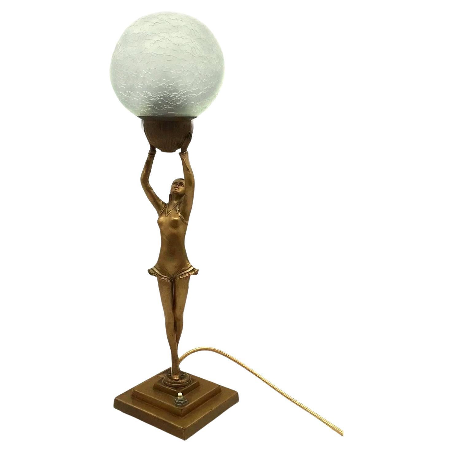 Beautiful Original Art Deco Spelter Figural Lady Lamp, England, c1930