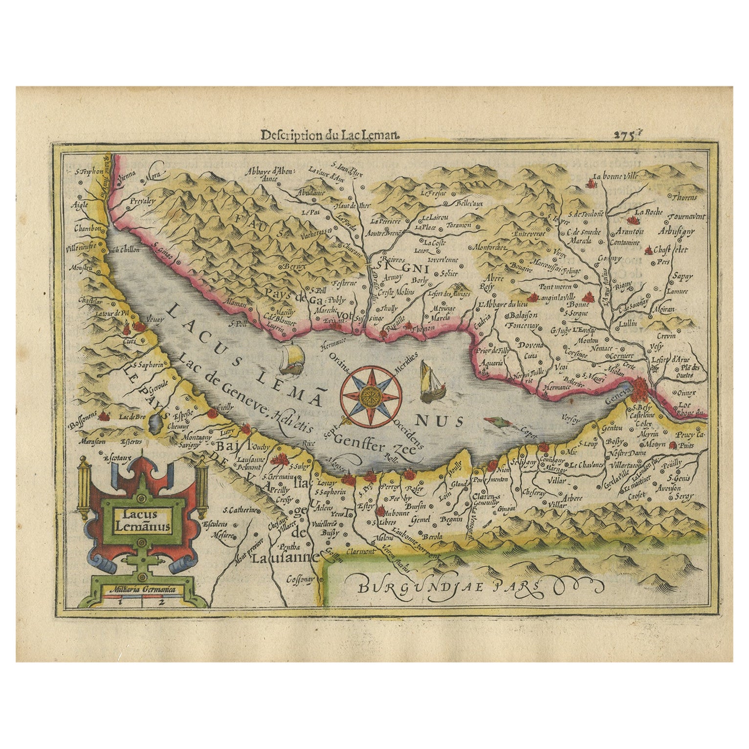 Magnifique carte originale gravée en cuivre du lac de Genève en Suisse, 1613