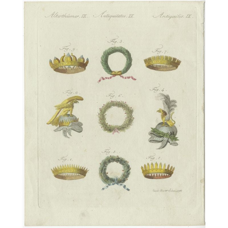 Beautiful Original Hand-Colored Antique Print of Headgear and Garlands, C.1770 For Sale