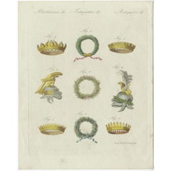 Precioso grabado antiguo original coloreado a mano de tocados y guirnaldas, c.1770
