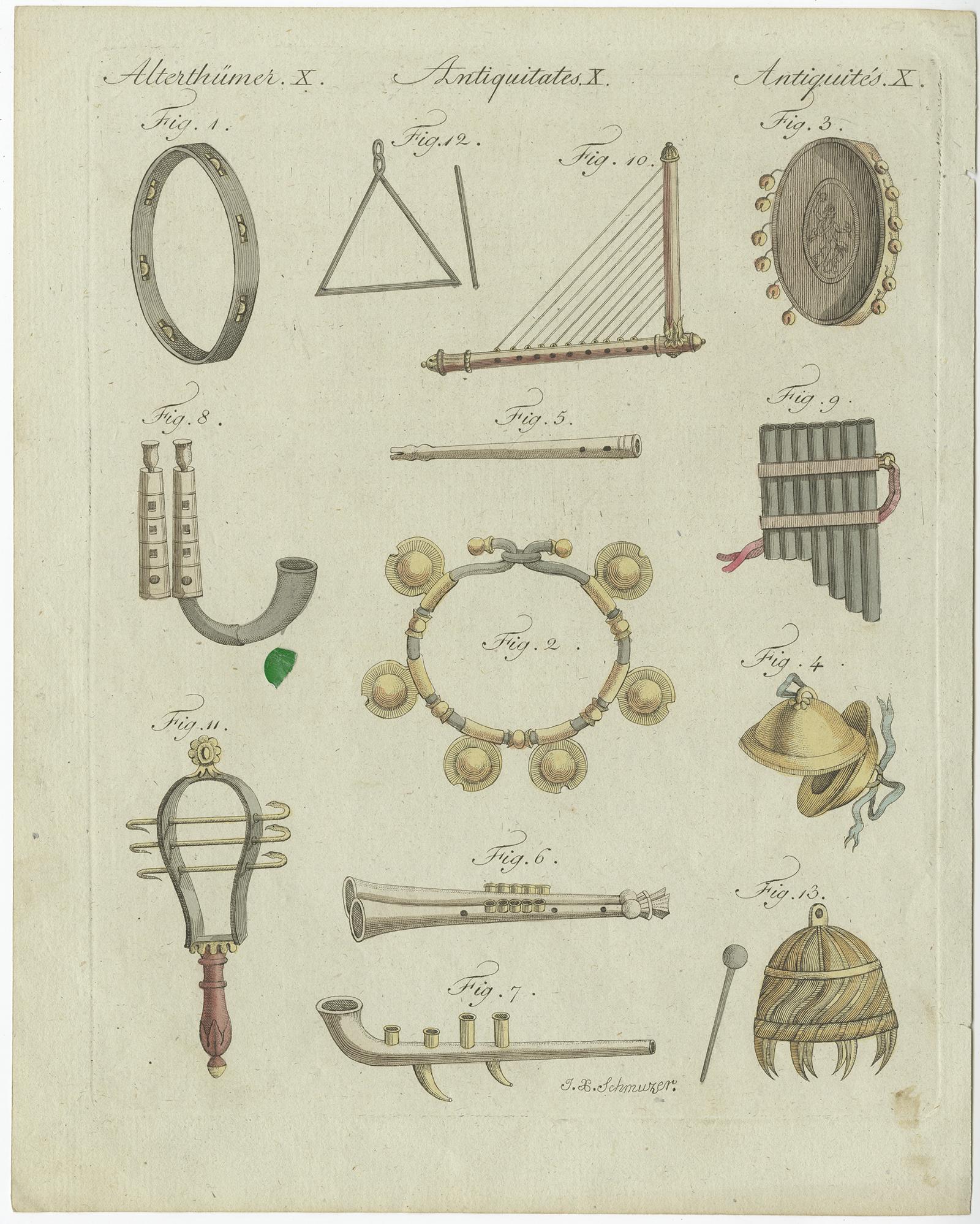 Stampa antica che raffigura vari strumenti musicali, tra cui flauti, triangolo, tamburello e altro. . Proviene da 