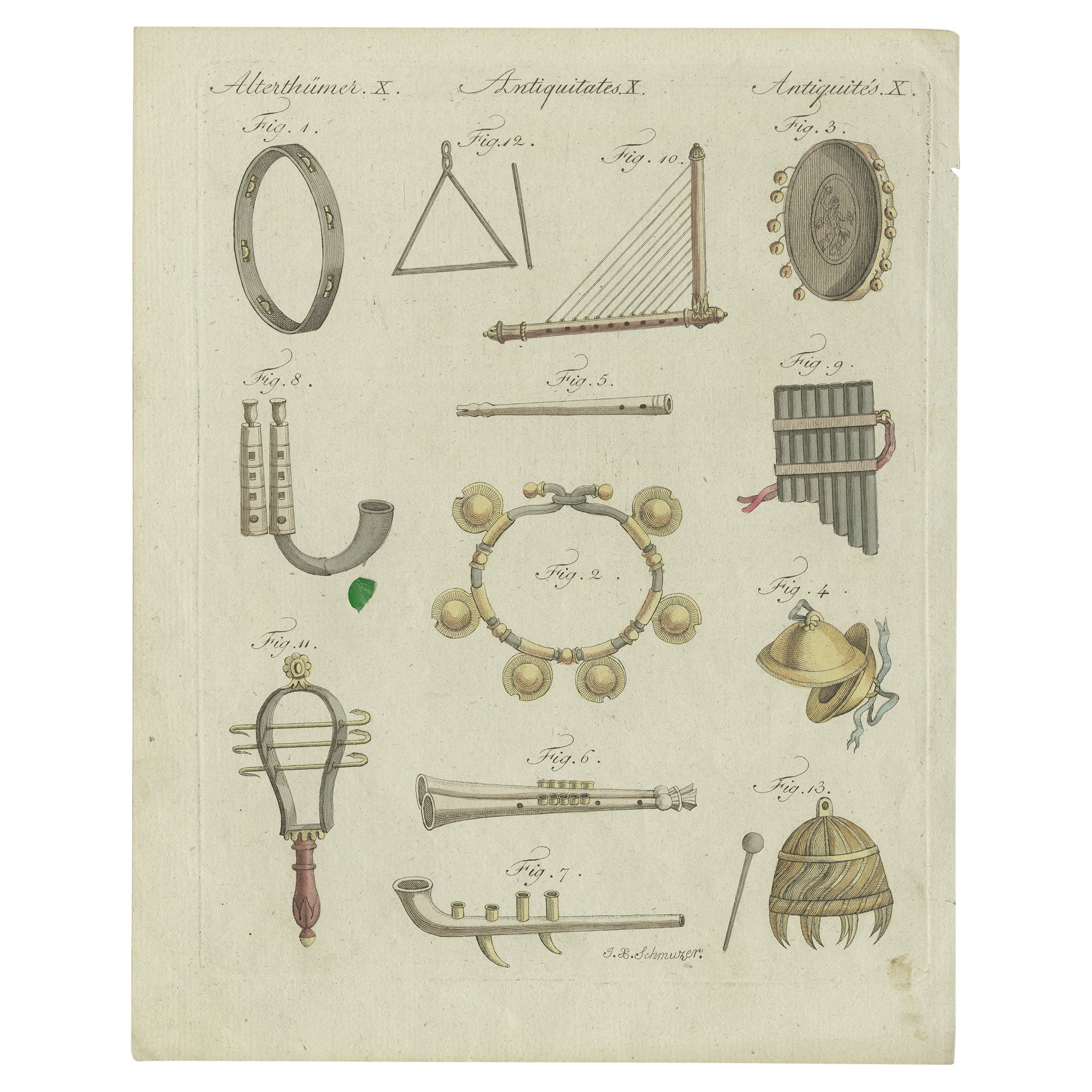 Magnifique impression originale et colorée à la main d'instruments de musique, vers 1770