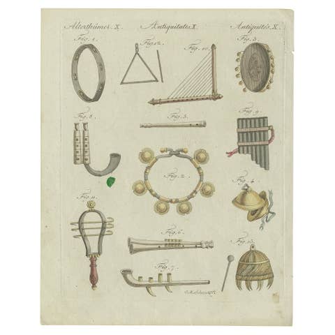 Beautiful Original Hand-Colored Antique Print of Music Instruments, c.1770