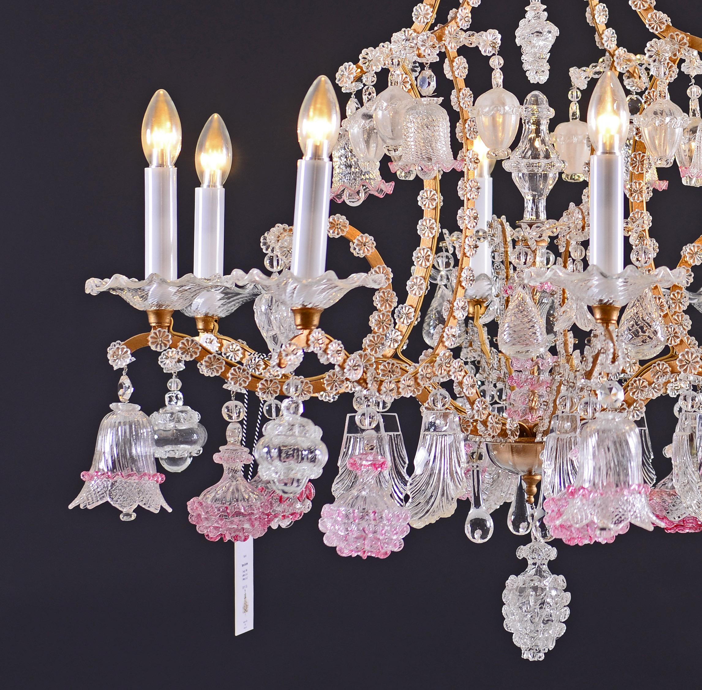 Beautiful baroque chandelier in the Maria Theresia style colored glass hanging in fantasy-style 1880 original.
Suitable for the US.