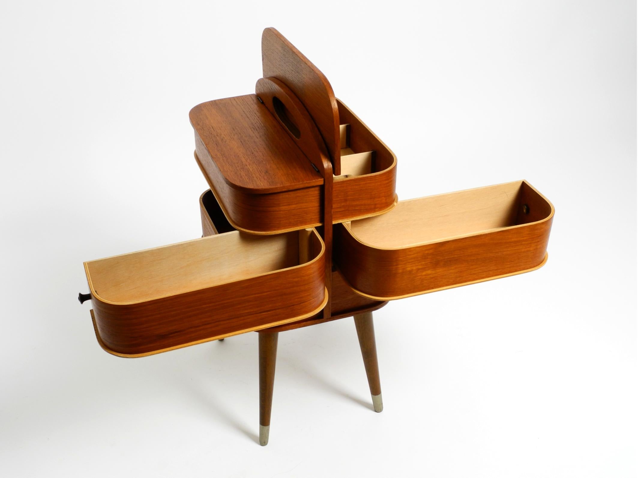 Beautiful original Mid Century sewing box with teak veneer and many compartments 8