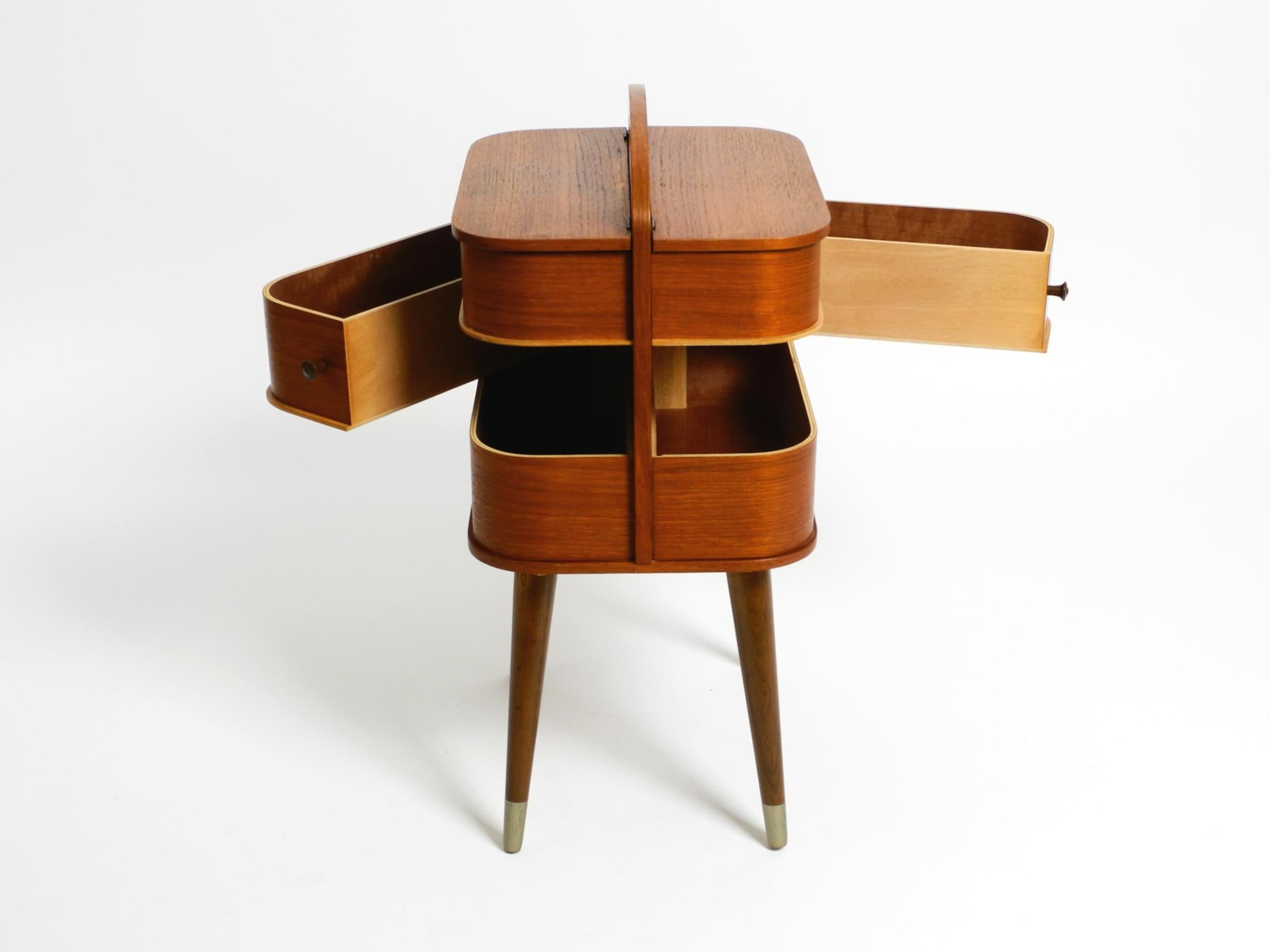 Beautiful original Mid Century sewing box with teak veneer and many compartments 9