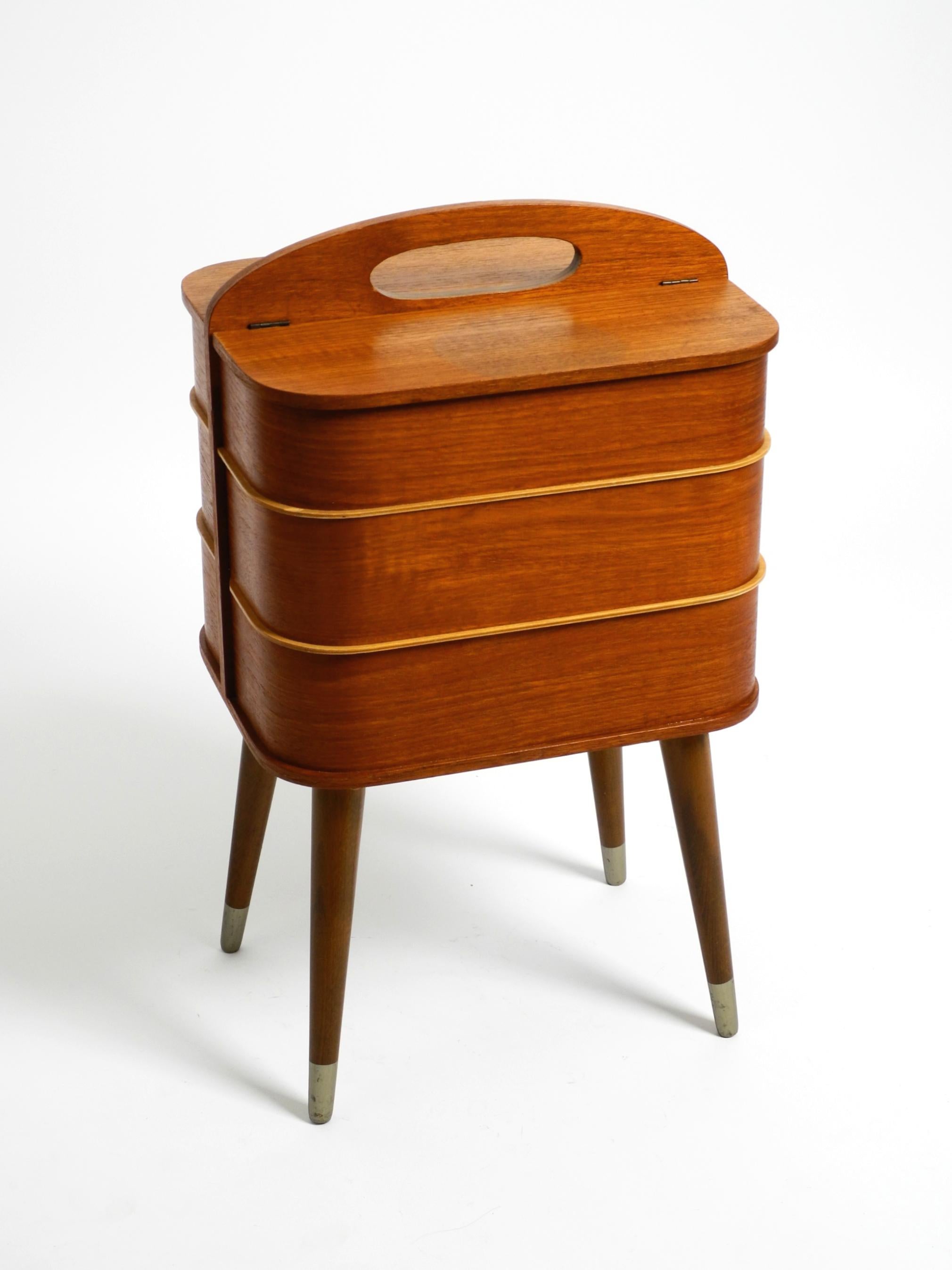 Beautiful original Mid Century sewing box with teak veneer and many compartments 11