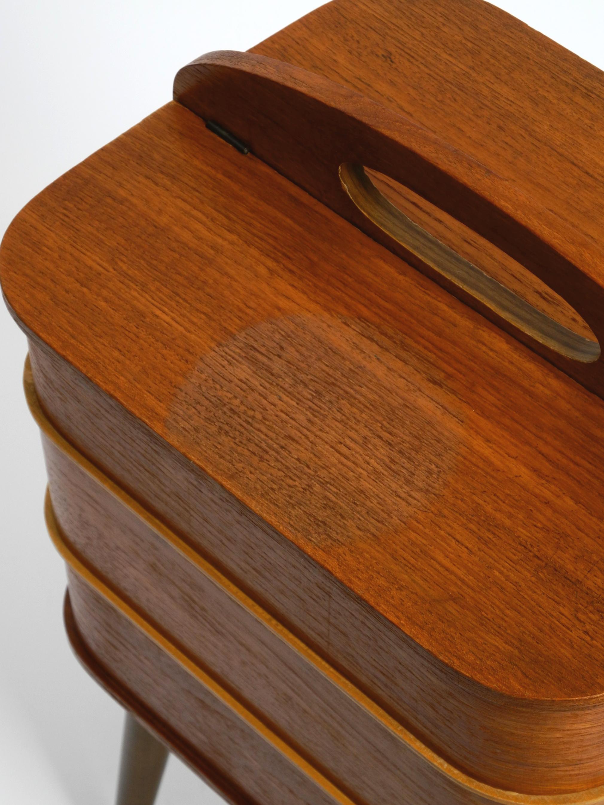 Beautiful original Mid Century sewing box with teak veneer and many compartments 1