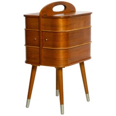 Retro Beautiful Original Midcentury Sewing Box with Teak Veneer and Many Compartments