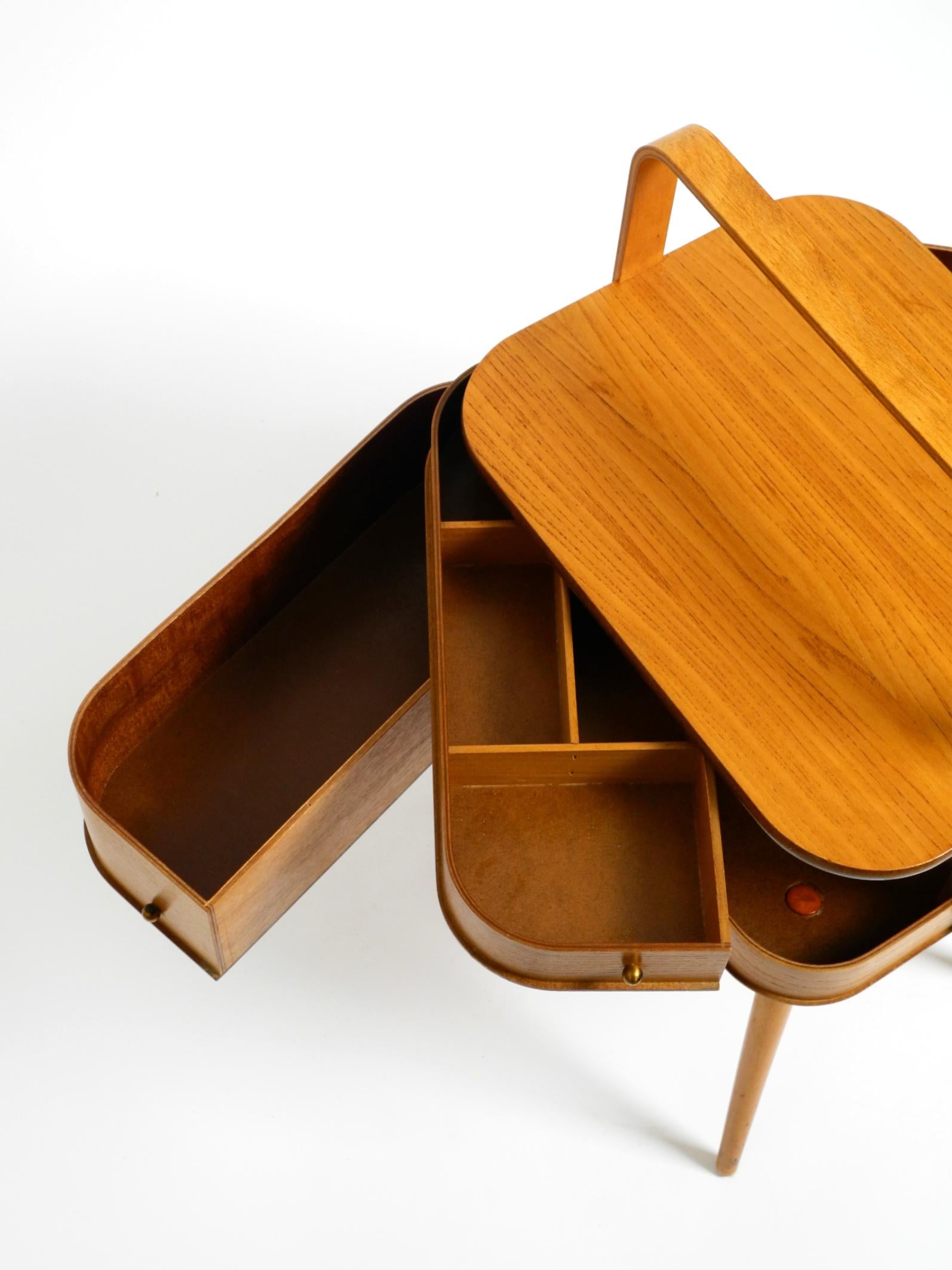Beautiful original Mid Century teak sewing box with hinged compartments 10