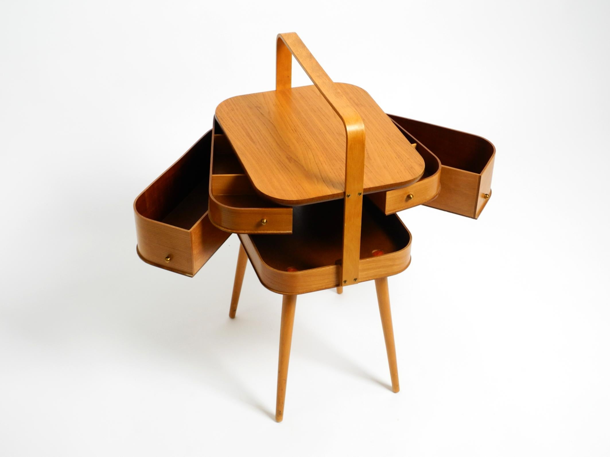 Beautiful original Mid Century teak sewing box with hinged compartments 11