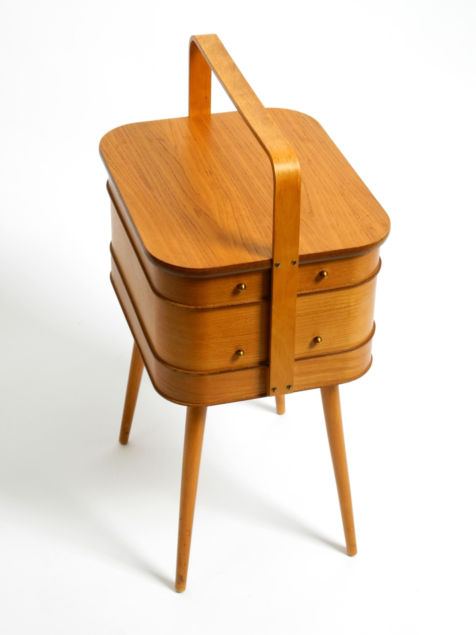 Beautiful original Mid Century teak sewing box with hinged compartments 12