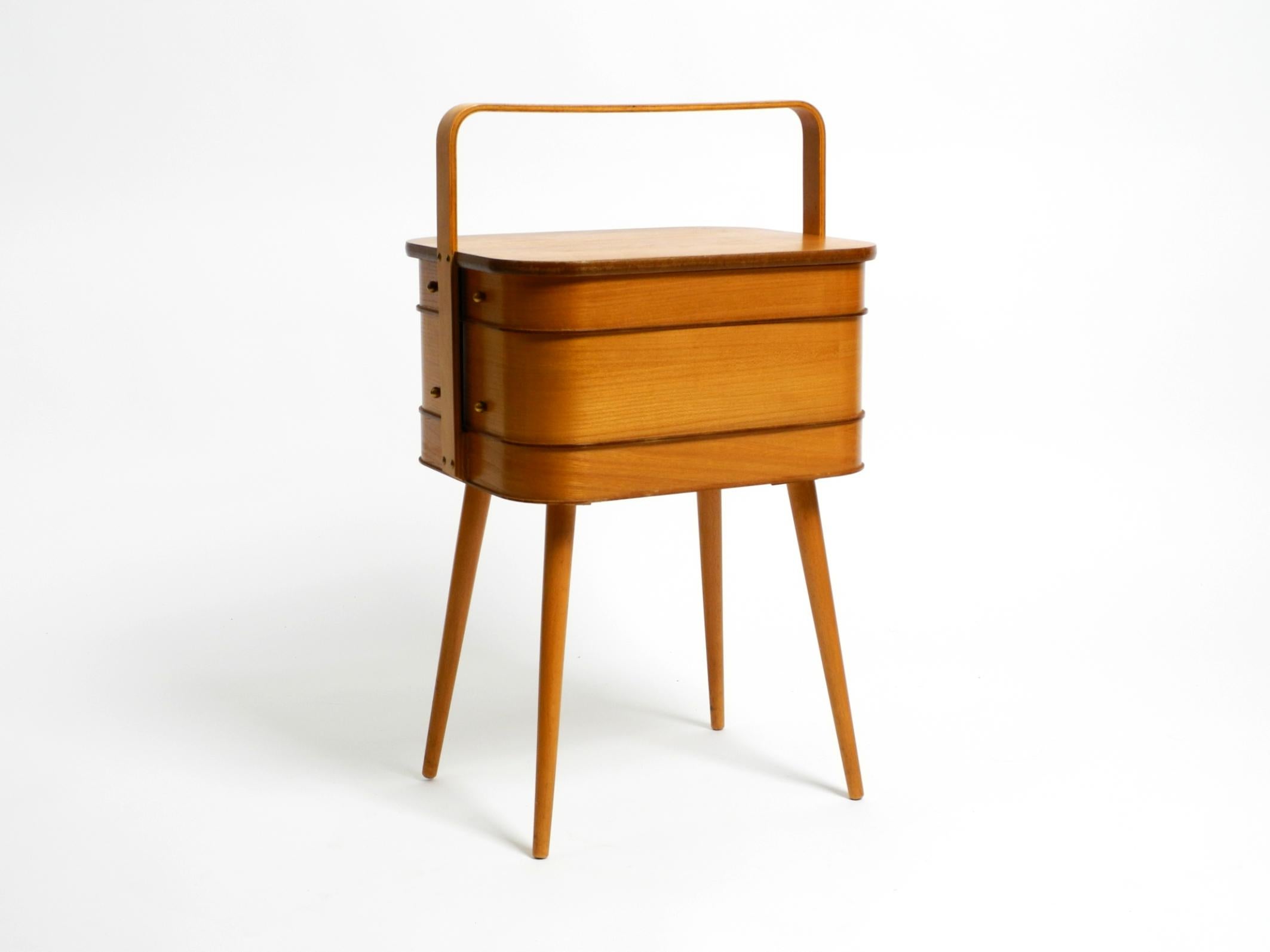 Beautiful original Mid Century teak sewing box with hinged compartments 13