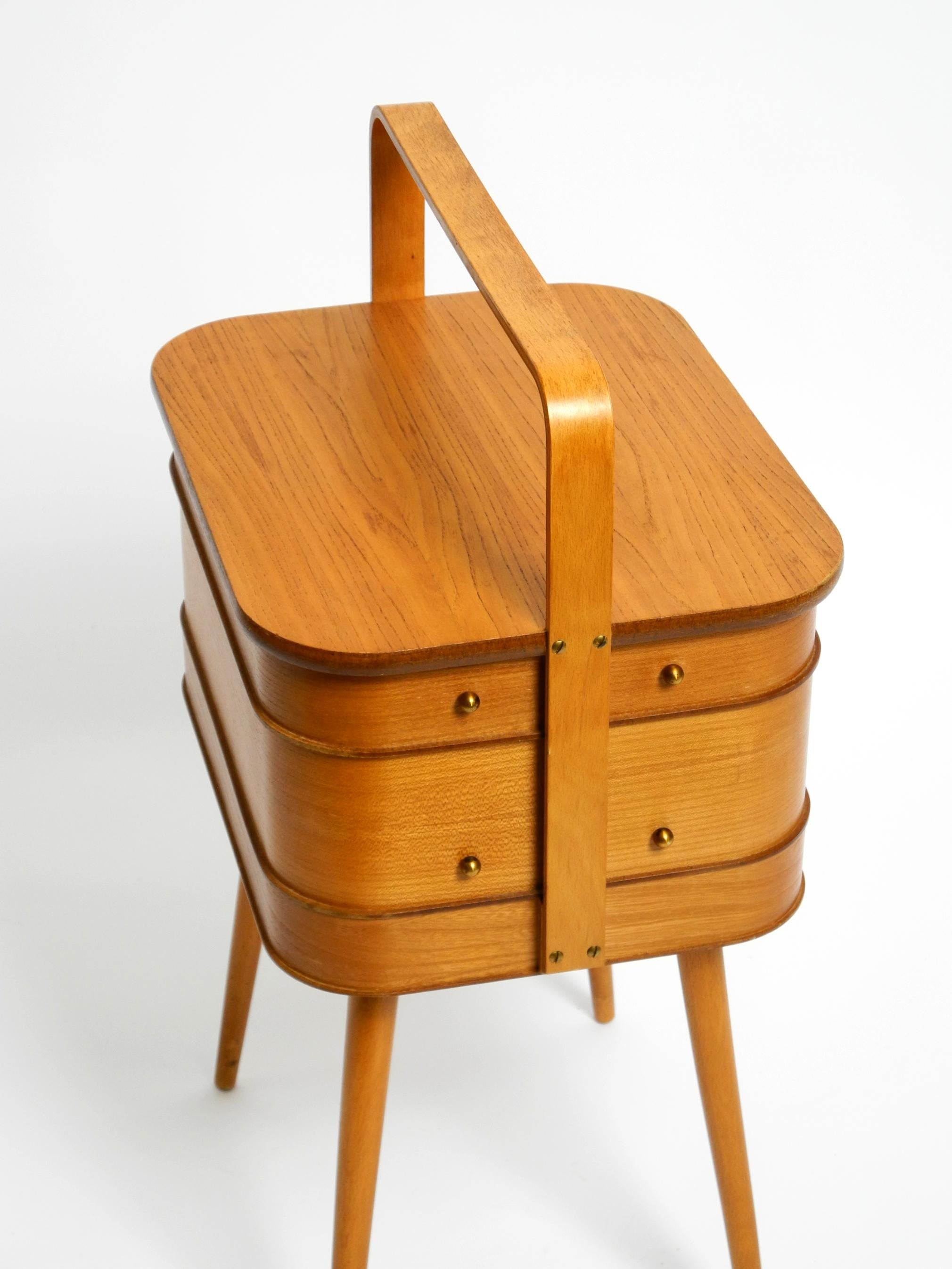 Beautiful original Mid Century teak sewing box with hinged compartments 1