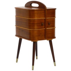 Retro Beautiful Original Midcentury Sewing Box with Teak Veneer and Many Compartments