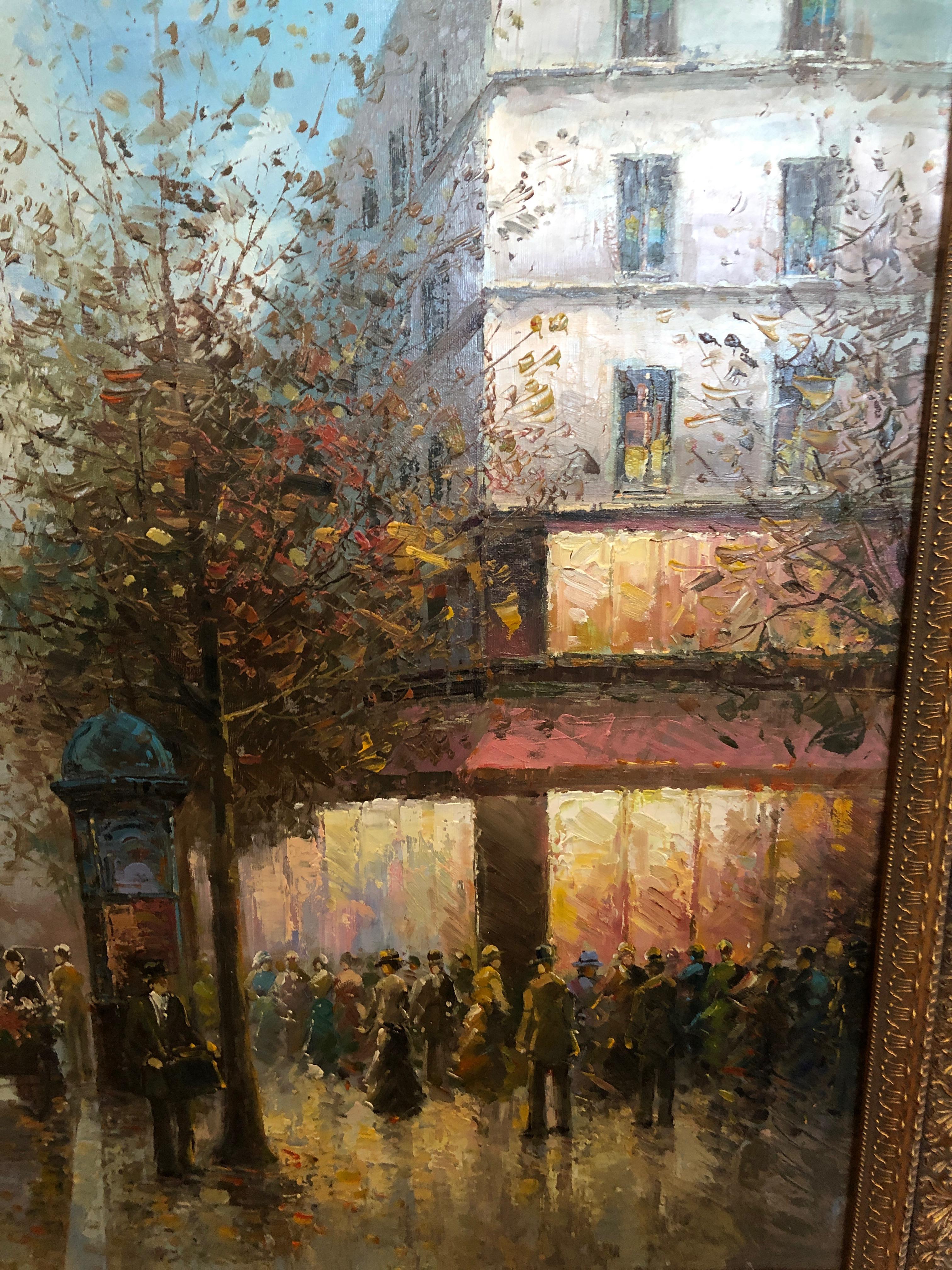 Wonderfully rendered impressionist style oil painting of a Paris street at the turn of the century with people meandering, a flower filled cart, horses, and gorgeous illuminated clouds and shop windows. By listed artist T. E. Pencke and signed lower
