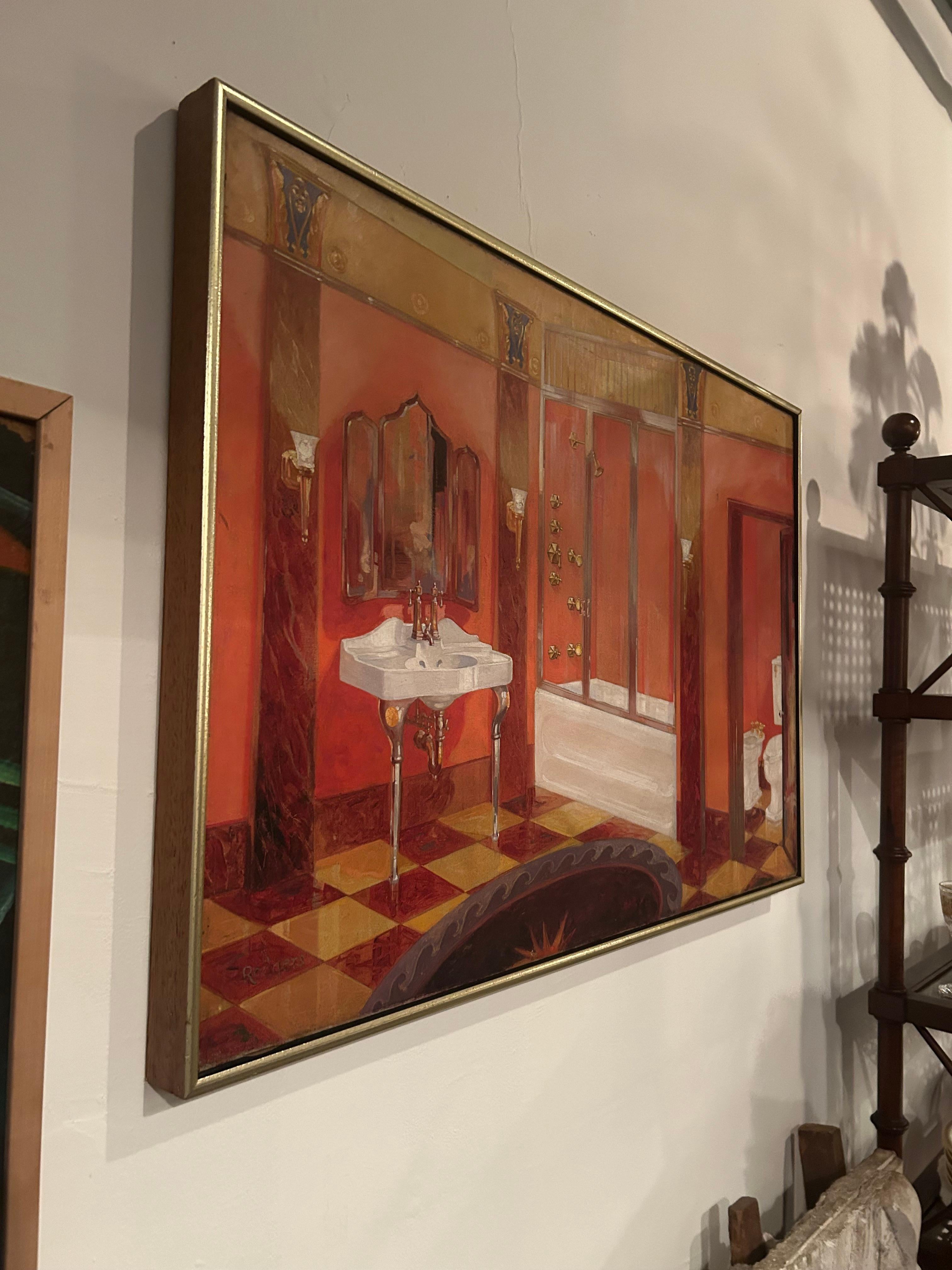 Preciosa representación del interior de un cuarto de baño/vestidor en una llamativa paleta de colores naranja y amarillo.  Firmado Rogers abajo a la izquierda.
