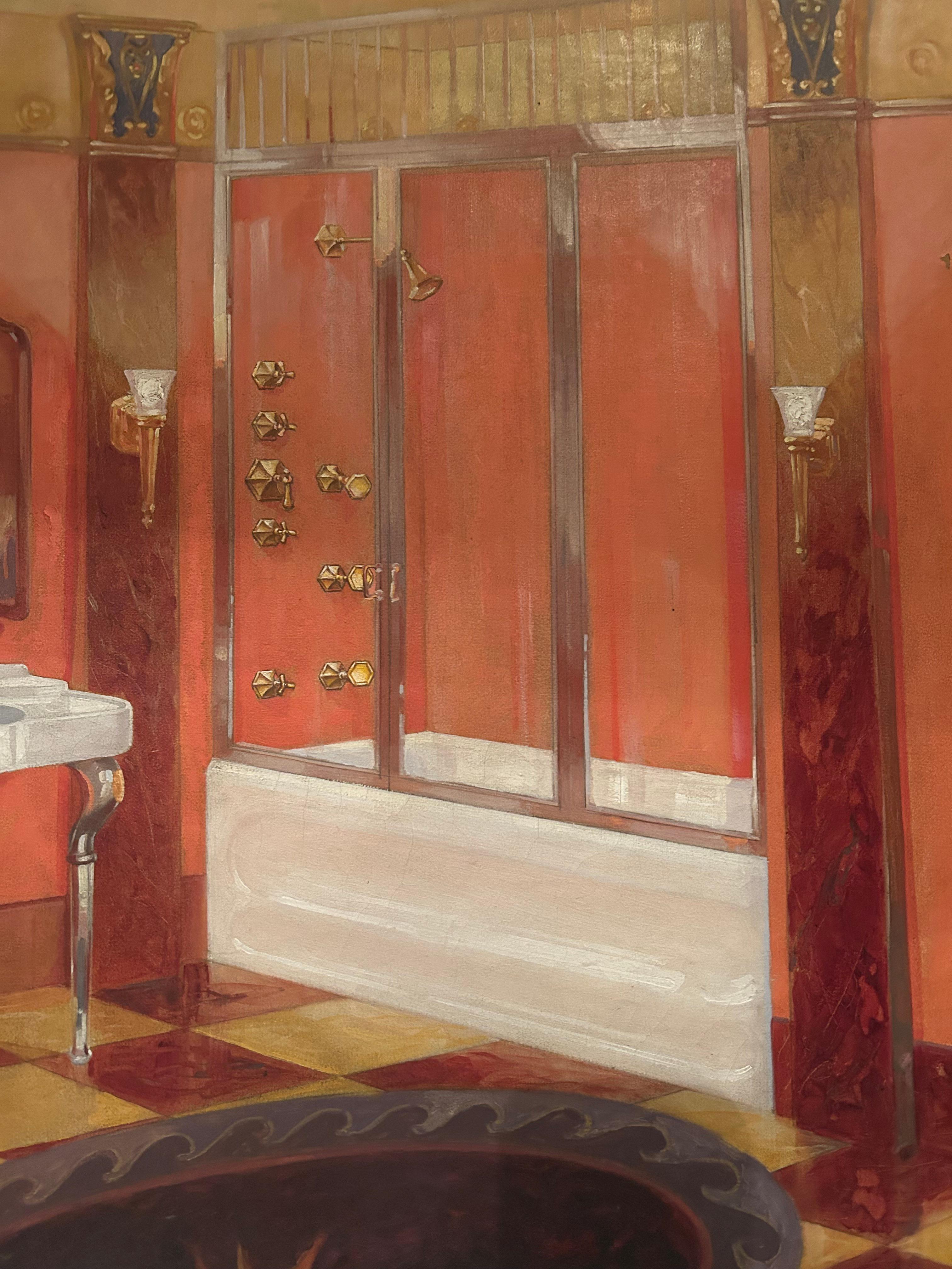 Hermosa Pintura Original de Elegante Vestidor de Baño Interior Moderno en venta
