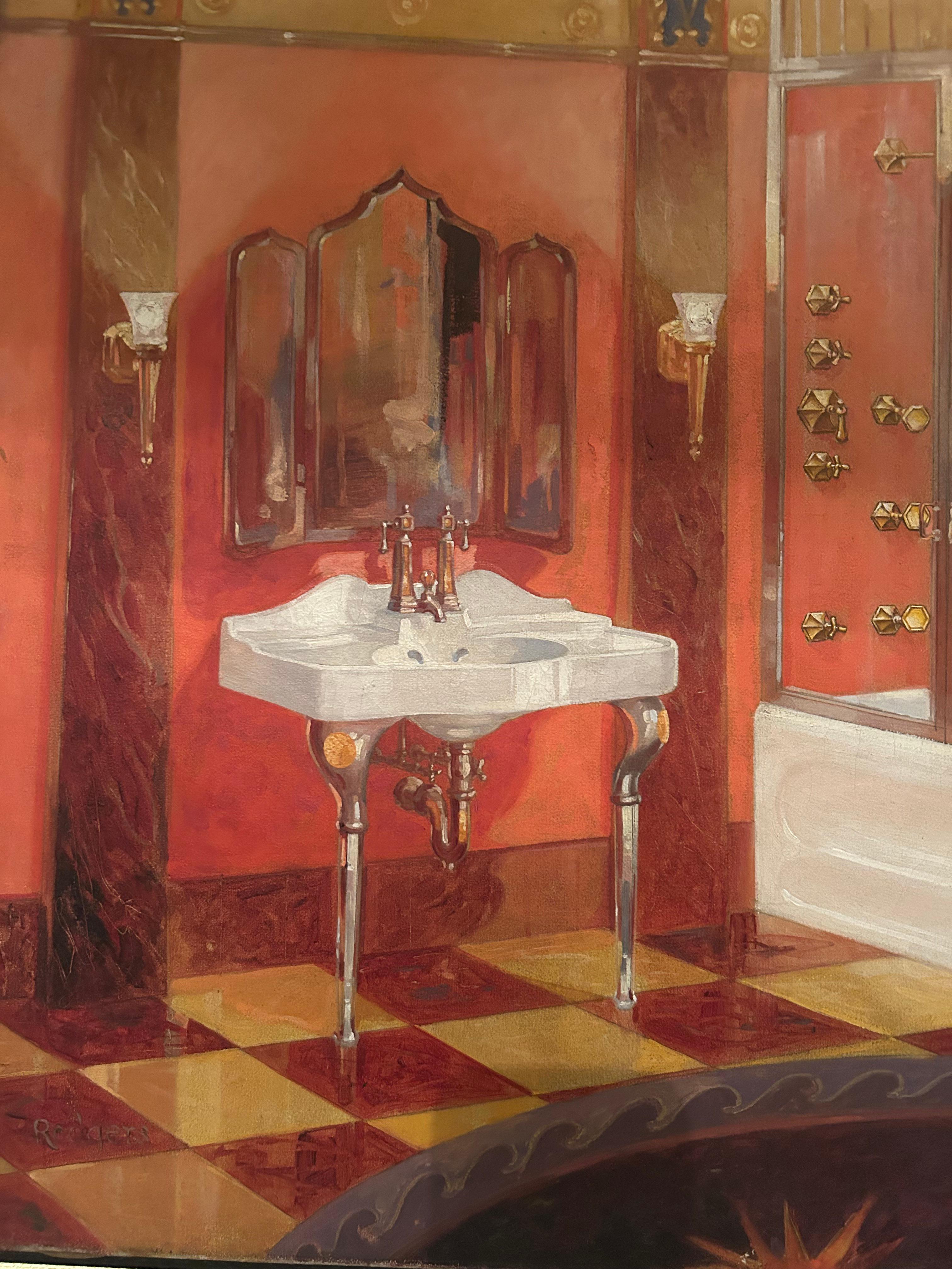 Hermosa Pintura Original de Elegante Vestidor de Baño Interior Estadounidense en venta