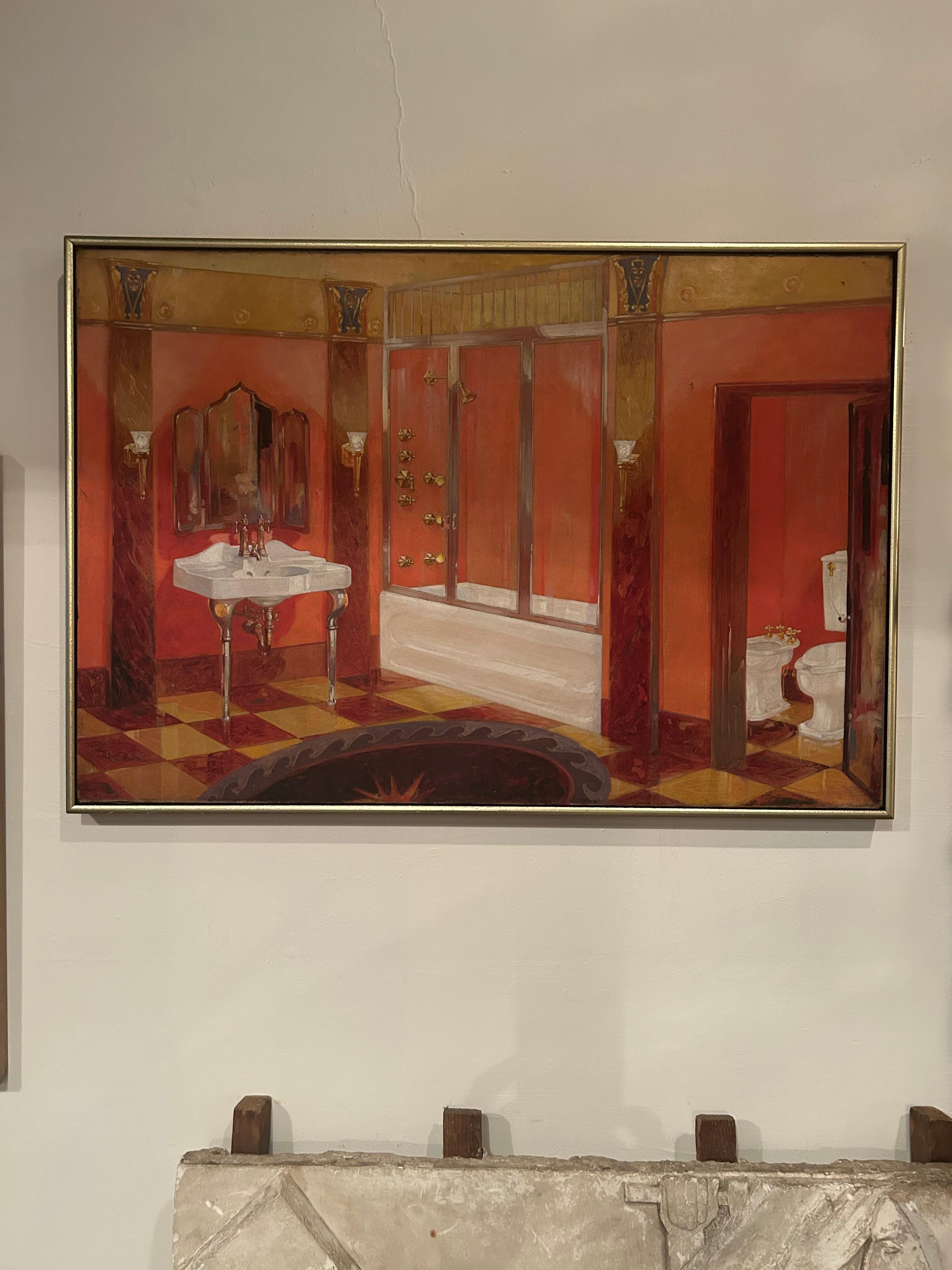 Hermosa Pintura Original de Elegante Vestidor de Baño Interior Lienzo en venta