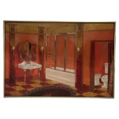 Hermosa Pintura Original de Elegante Vestidor de Baño Interior